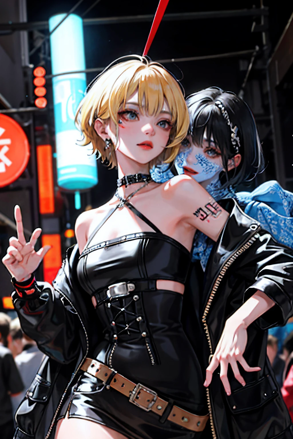 (masuter piece:1.2、top-quality)、(Live action、Intricate details)、(1lady、独奏、The upper part of the body) garments: avant-garde、Avant-garde、experimental Appearance: The blonde、short-hair、Dramatic makeup、unconventional fashion choices Behavior: rebel、Anti-system、provocative Location: urban art district、underground music scene Hobbies: Participation in punk shows、creating mixed media art、experimenting with different subcultures Values: individuality、Authenticity、creative expression Inspirations: Punk rock music、Counterculture icons、avant-garde art movements Personality traits: boldness、boldness、Unconventional。