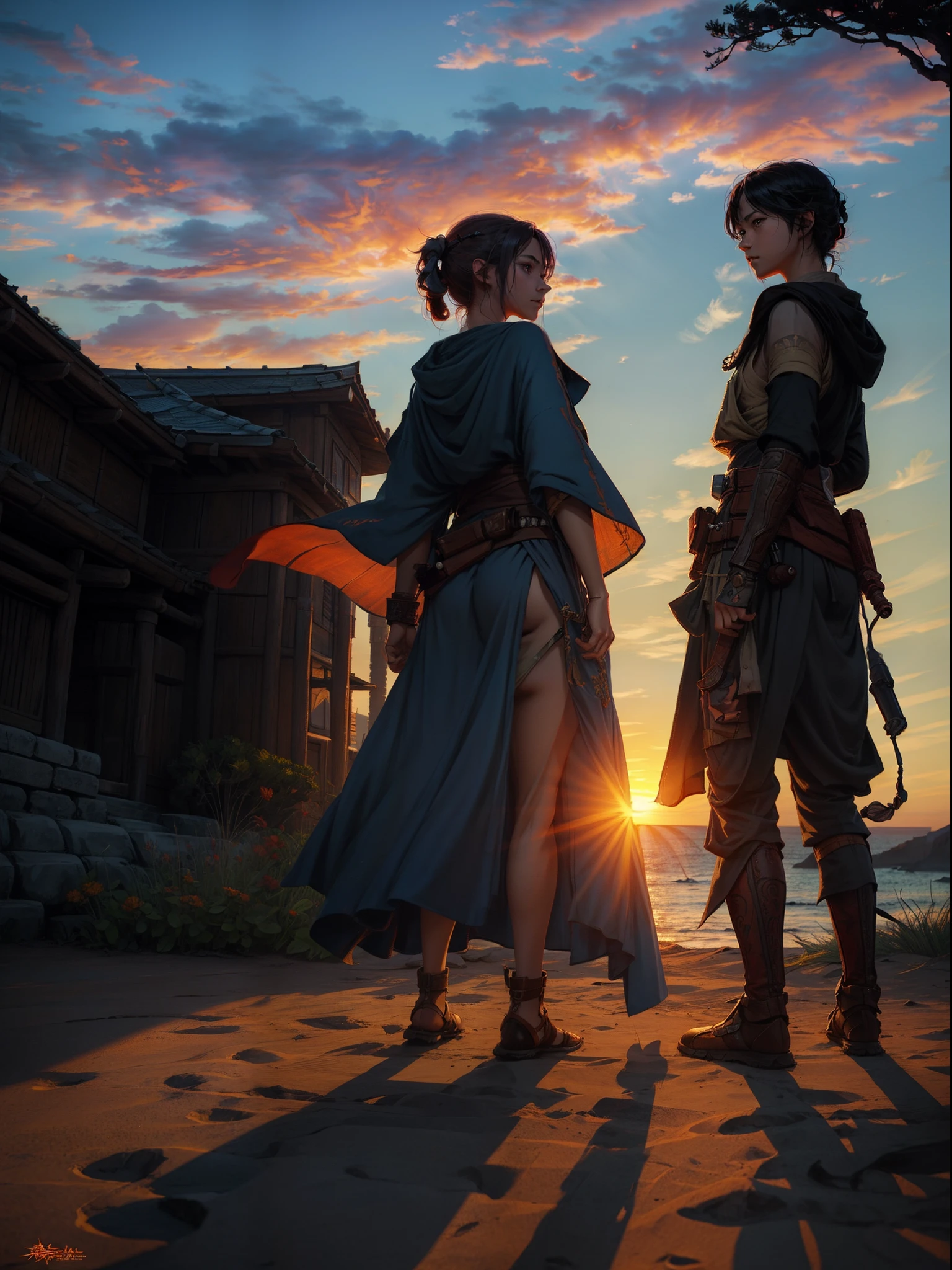 "A jedi knight in the style of Ghibli, with intricately detailed artwork and concept art, inspired by WLOP's signature style, set against a vibrant sunset."