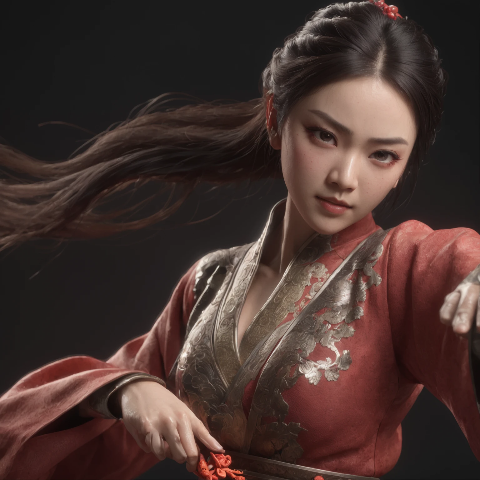 (professional 3d render:1.3) af (Realistic:1.3) most beautiful artwork photo in the world,Has a soft and shiny oriental martial arts heroine,8k Unity rendering, action shot, skin pore, very dark lighting, heavyshading, Detailed, Detailed face, (vibrant, photograph realistic, Realistic, Dramatic, Dark, Sharp focus, 8K),(Chinese white tulle long dress,:1.4)