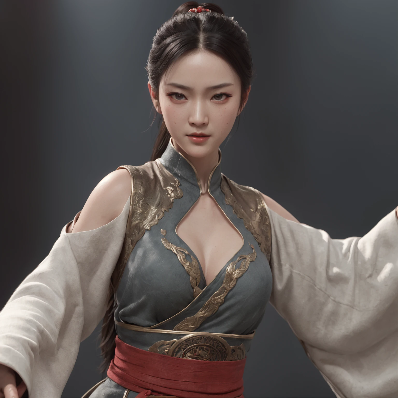 (professional 3d render:1.3) af (Realistic:1.3) most beautiful artwork photo in the world，Has a soft and shiny oriental martial arts heroine,8k Unity rendering, action  shot, skin pore, very dark lighting, heavyshading, Detailed, Detailed face, (vibrant, photograph realistic, Realistic, Dramatic, Dark, Sharp focus, 8K),(Chinese white tulle long dress,:1.4), Liu Yifei, Zhou Xun