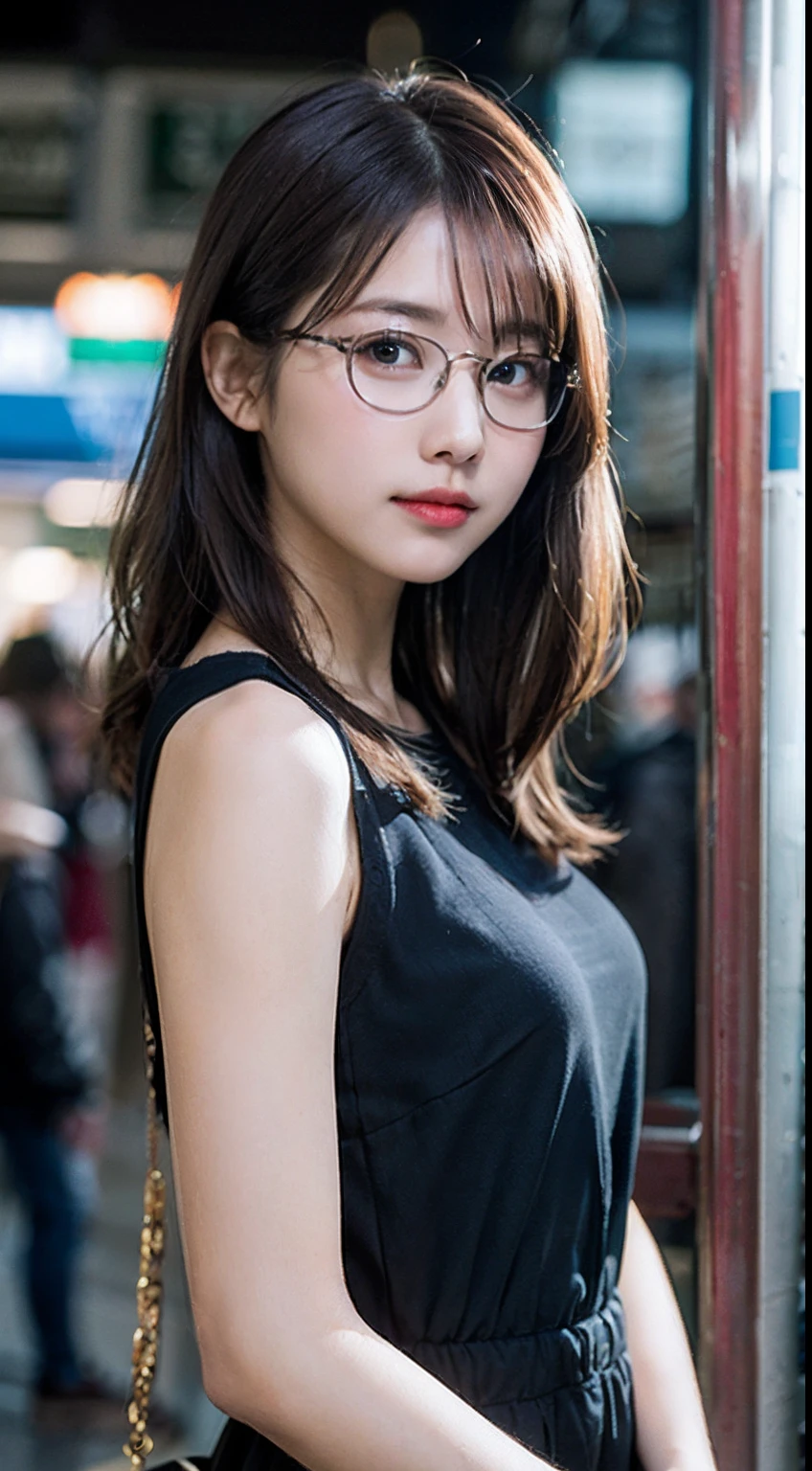 (8K、Raw photography、top-quality、​masterpiece:1.2)、(realisitic、Photorealsitic:1.37)、ultra-detailliert、超A high resolution、女の子1人、see the beholder、beautifull detailed face、Happy smiling face、Constriction、(Slim waist) :1.3)、Beautiful detailed skin、Skin Texture、Floating hair、Professional Lighting、Whole human body、(Brown hair)、matsuri、In the street、sparklers、Glasses