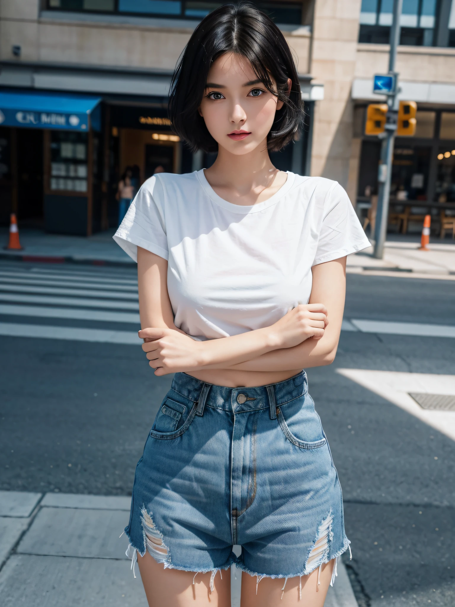 1girl, short black hair, blue eyes, wearing plain white shirt, denim shorts, city, absurderes, high res, ultrasharp, 8k, masterpiece, looking at viewer
