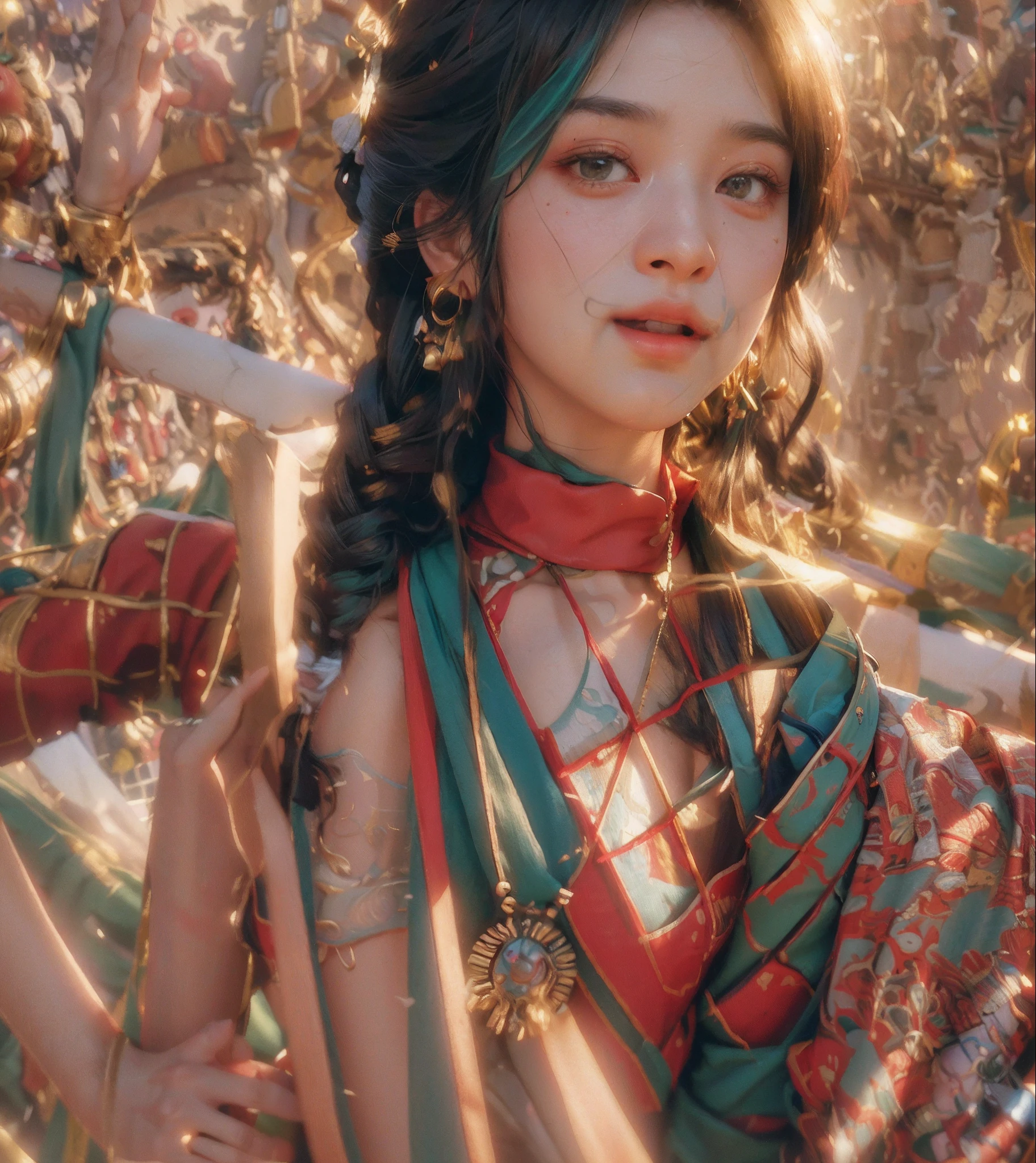 (RAW photo, best quality), (realistic, photo-realistic:1.3),best quality,highly detailed,masterpiece,ultra-detailed,illustration,1girl,upper_body,dynamic angle,world masterpiece theater,messy_long_hair,best quality,extremely detailed CG unity 8k wallpaper,ink,Amazing,cinematic lighting,lens_flare, dunhuang_style