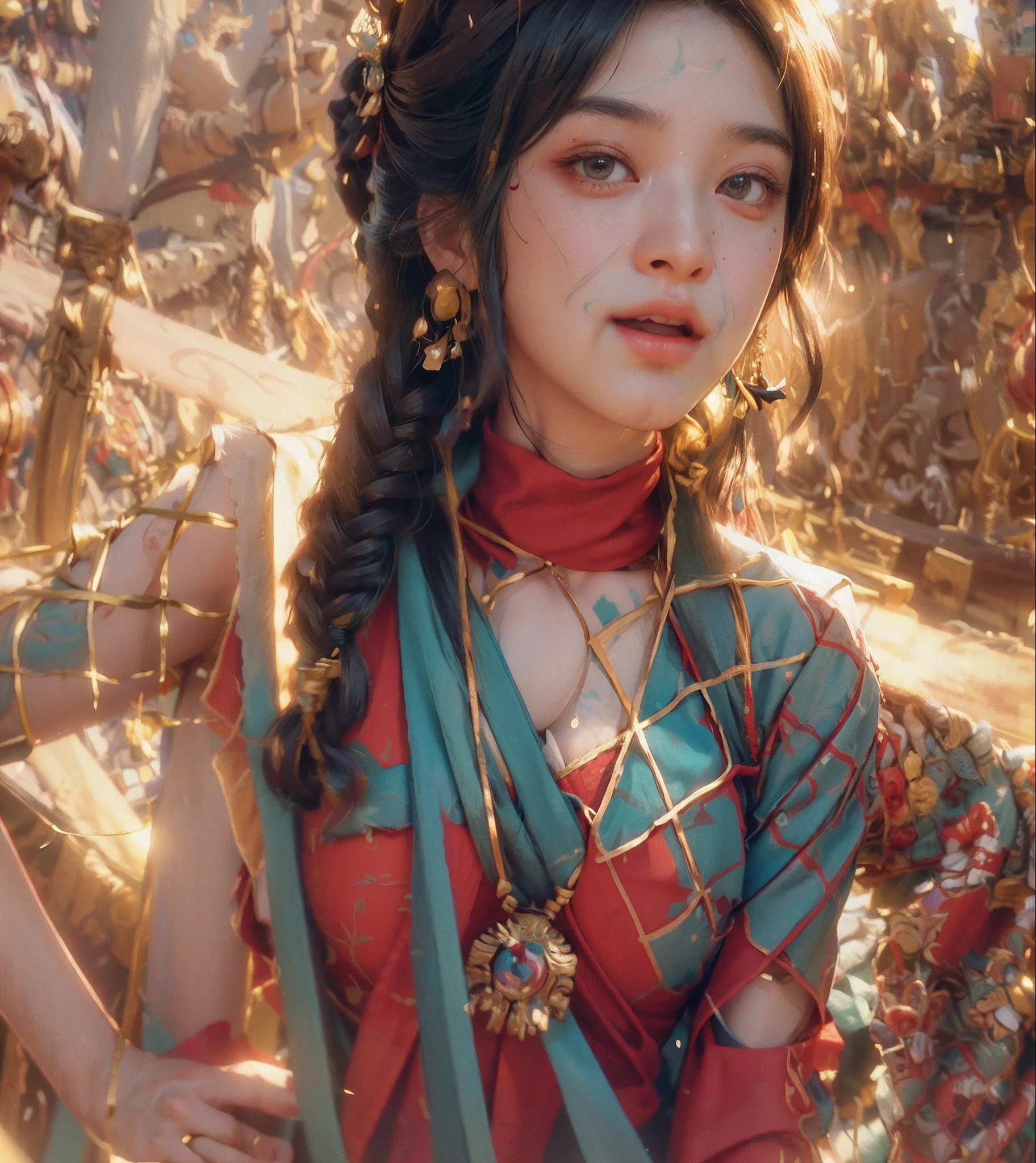 (RAW photo, best quality), (realistic, photo-realistic:1.3),best quality,highly detailed,masterpiece,ultra-detailed,illustration,1girl,upper_body,dynamic angle,world masterpiece theater,messy_long_hair,best quality,extremely detailed CG unity 8k wallpaper,ink,Amazing,cinematic lighting,lens_flare, dunhuang_style
