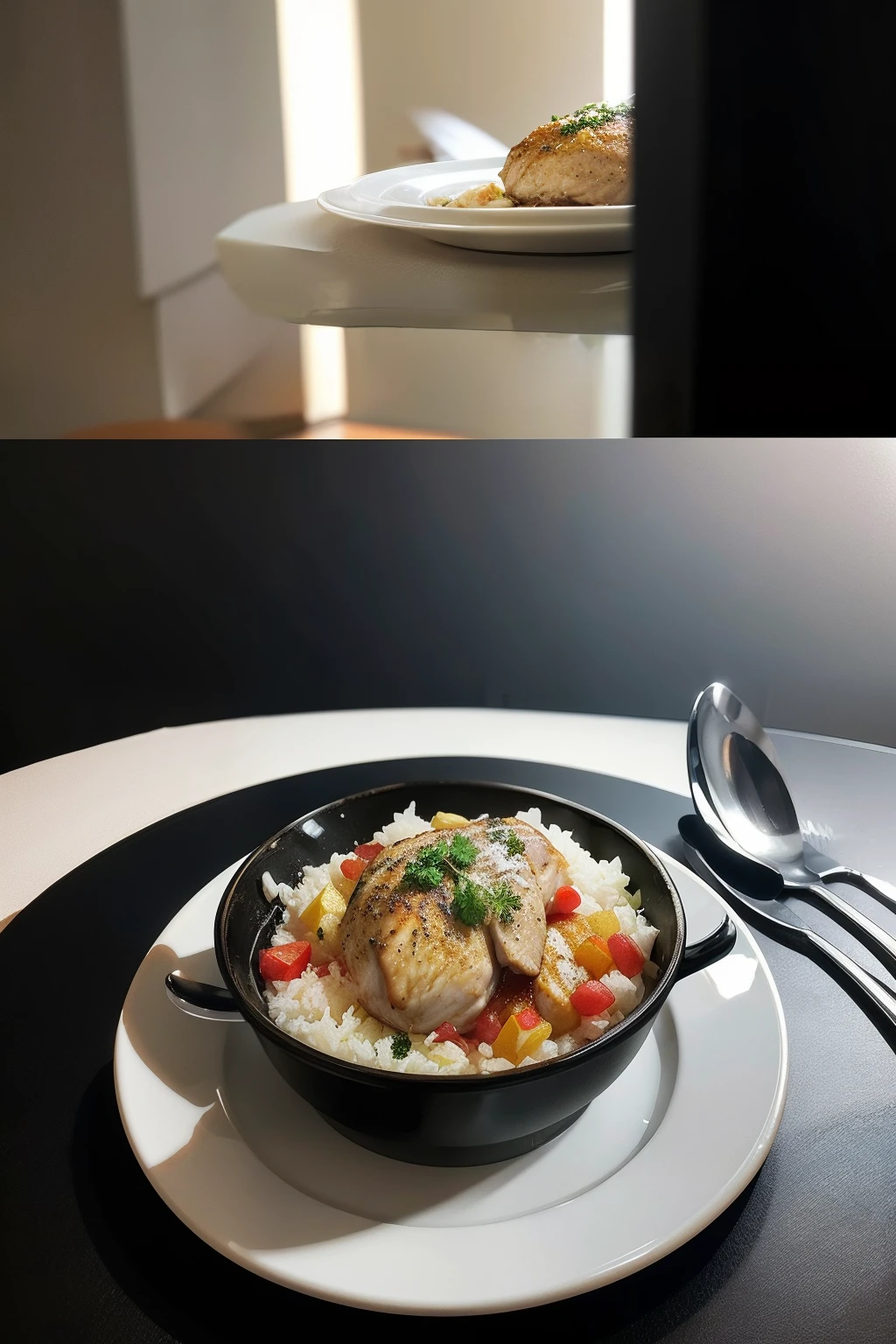 1. Choose a well-cooked chicken dish as the main body 2. Camera Realism Style 3.Place on a suitable plate or saucer 4. Select Black or Dark Background 5. Use soft light to illuminate 6. Adjust brightness and color saturation to highlight shade 7. Shoot slightly upwards to highlight the layers and textures