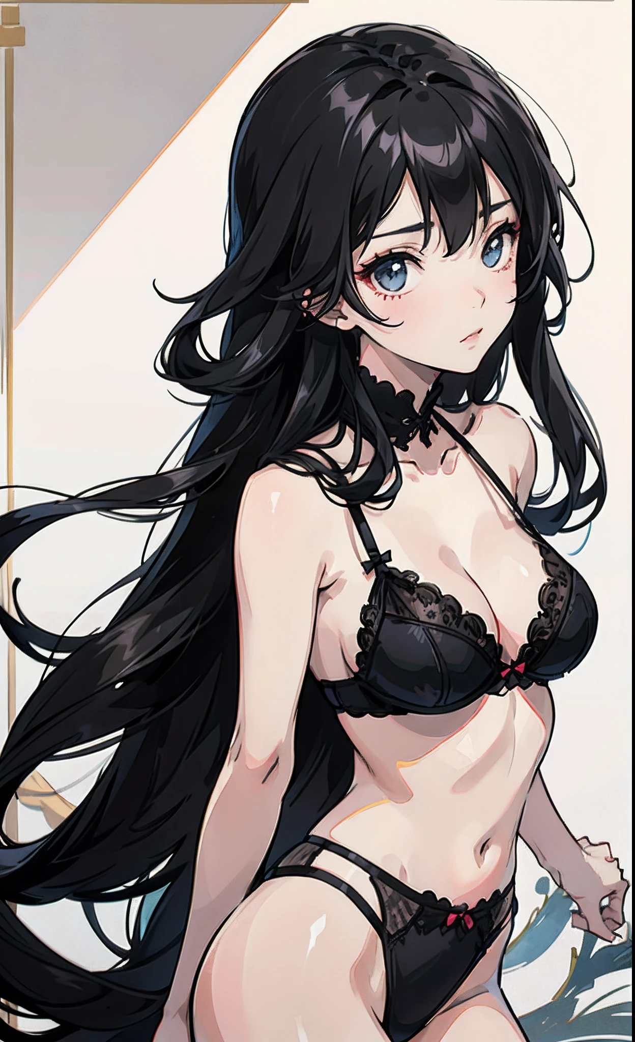 Black silk anime lingerie girl with long hair black hair