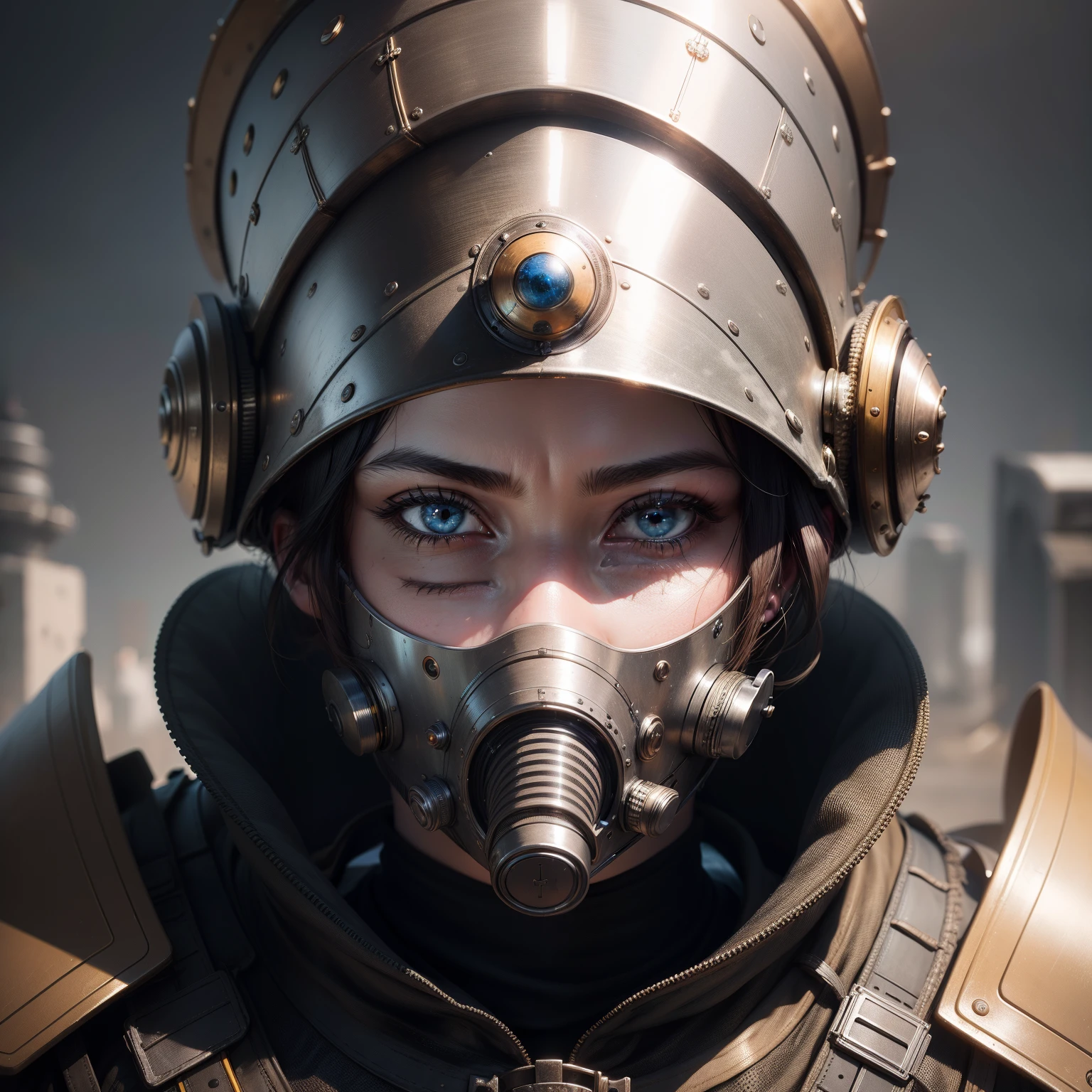 Best quality, masterpiece, (photorealistic:1.4), RAW photo, 8k portrait close-up of a futuristic helmet with mask, eye protection and filters for polluted air in nose and mouth. Made of plastic and metallic materials. Intricate and complex construction.