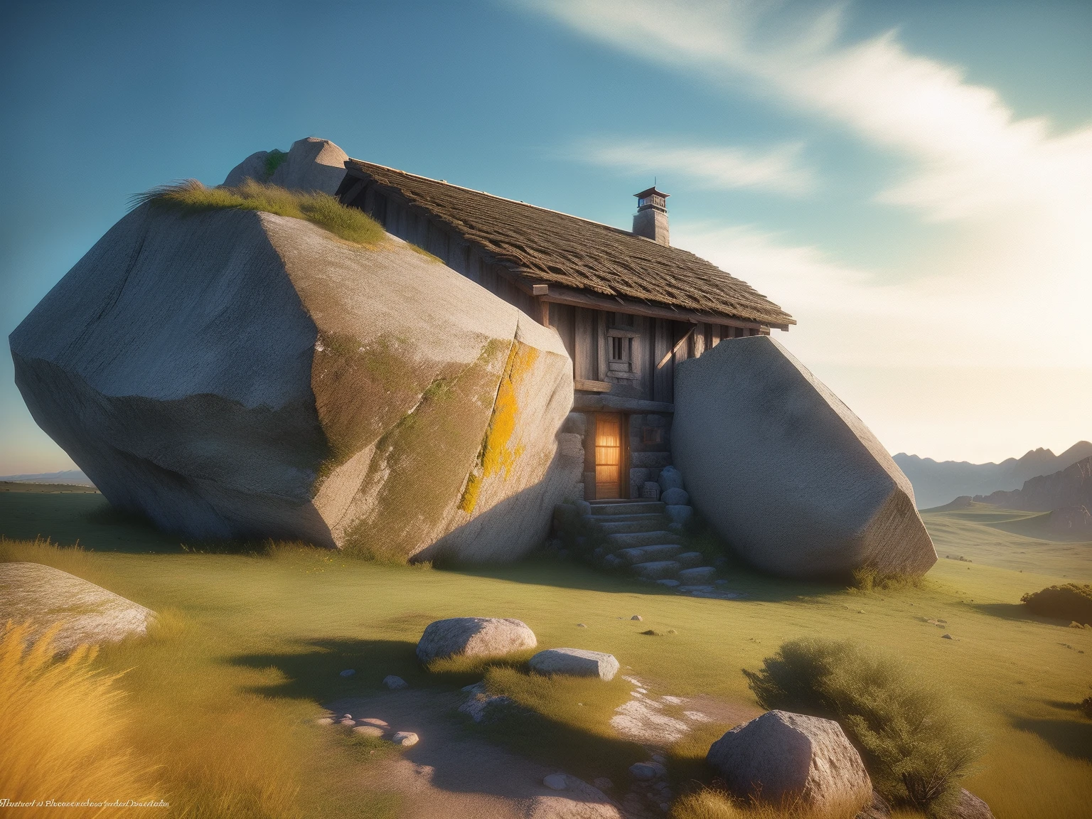 There is a small house on a rock in the middle of a field, Rustic stone cabin in Horizon, realistic fantasy render, Renderizado 3D estilizado, renderizado en licuadora, 3D render estilizado, Renderizado en maya, Toma de establecimiento realista, Renderizado en Unreal Engine 3D, renderizado con licuadora, Estilizado como un renderizado 3D, Renderizado en Renderman