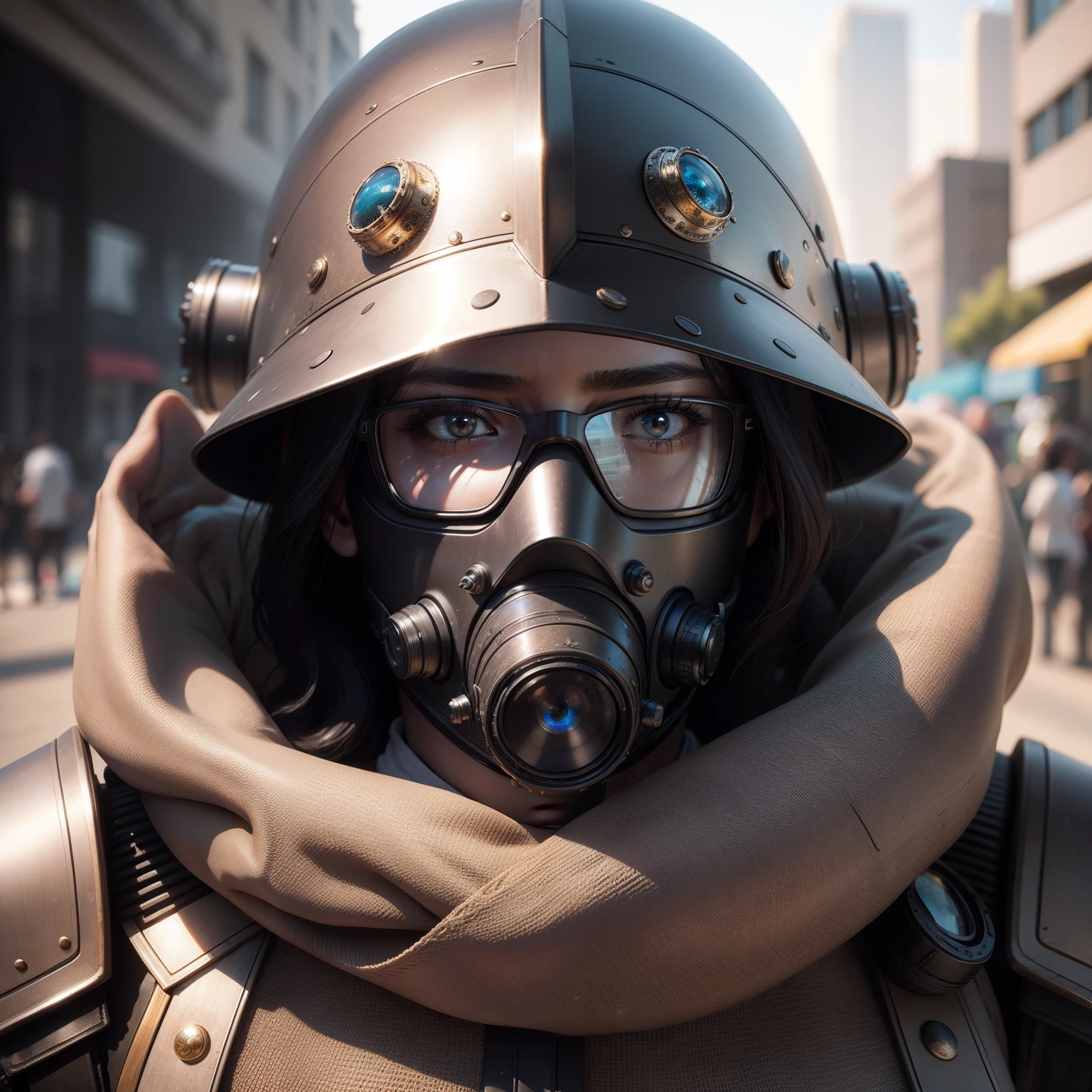 Best quality, masterpiece, (photorealistic:1.4), RAW photo, 8k portrait close-up of a futuristic helmet with mask, eye protection heavy glasses and filters for polluted air in nose and mouth. Made of plastic and metallic materials. Intricate and complex construction.