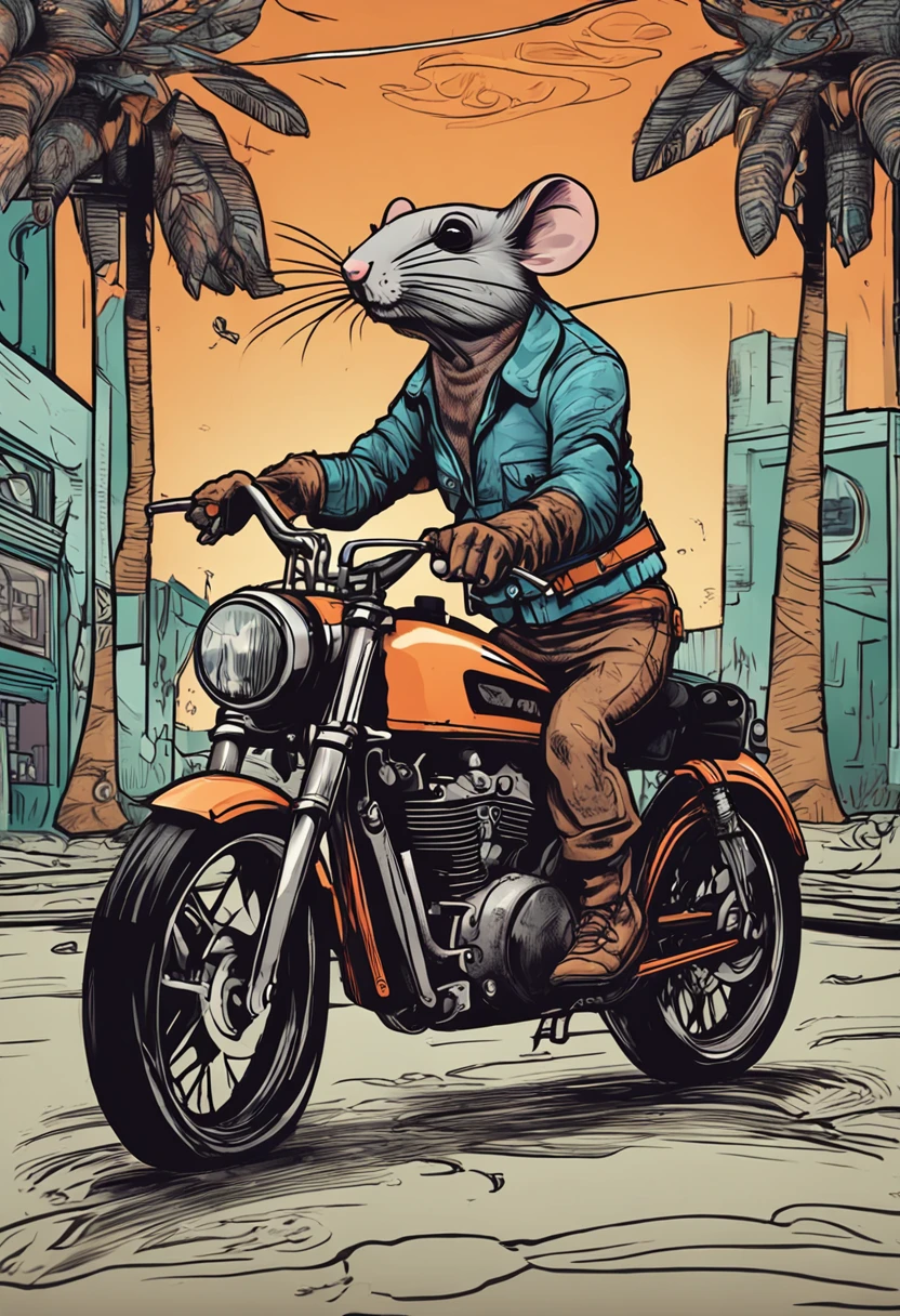 A mouse,Rat head man,Tone abs,with tattoos,Riding a motorcycle