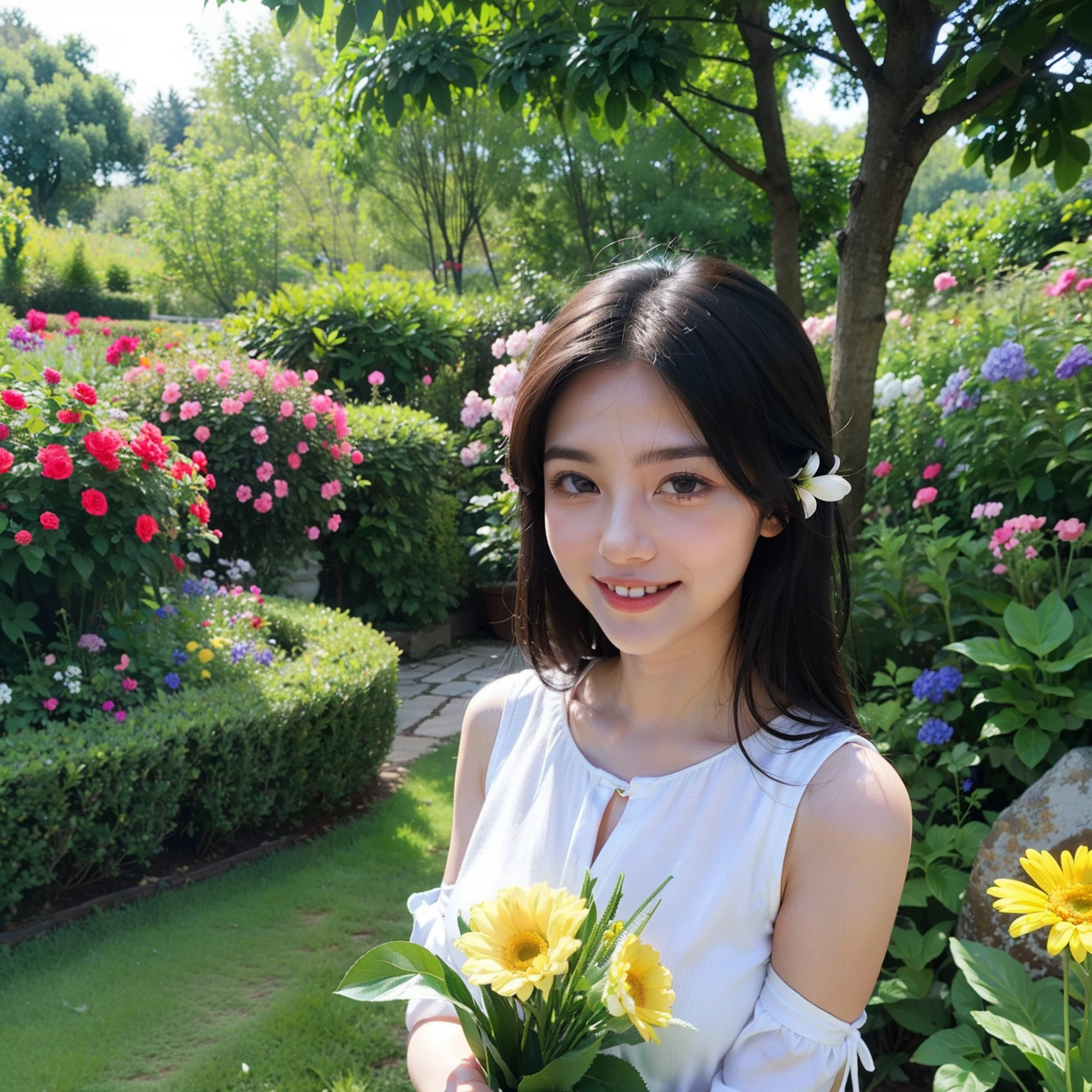 Avatar of a cheerful girl，fresh flowers，foliage，trpical garden