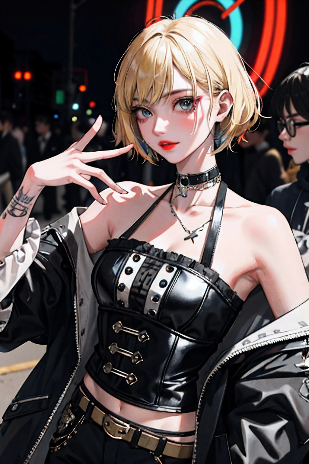 (masuter piece:1.2、top-quality)、(Live action、Intricate details)、(1lady、独奏、The upper part of the body) garments: Avant-garde、Avant-garde、experimental Appearance: The blonde、short-hair、Dramatic makeup、unconventional fashion choices Behavior: rebel、Anti-system、provocative Location: urban art district、underground music scene Hobbies: Participation in punk shows、creating mixed media art、experimenting with different subcultures Values: individuality、Authenticity、creative expression Inspirations: Punk rock music、Counterculture icons、avant-garde art movements Personality traits: boldness、boldness、Unconventional。