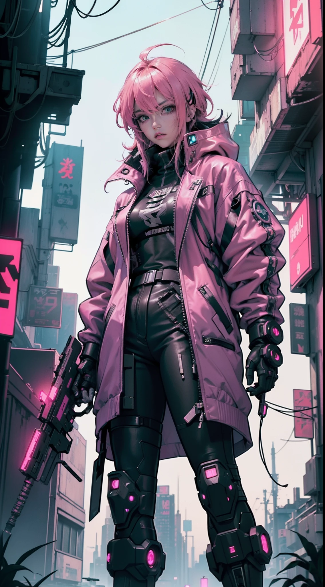 ((Best quality)), ((Masterpiece)), (Character design), Alien Bounty Hunter heroine, (cyberpunk aesthetics:1.3), Fierce female warrior, (futuristic armor:1.2), Wielding sci-fi rifles and blades, (Neon pink highlights:1.1), The long coat fluttered violently, (confident stance:1.2), High-tech gear and gadgets, (Visual storytelling:1.3), (8K resolution:1.0)