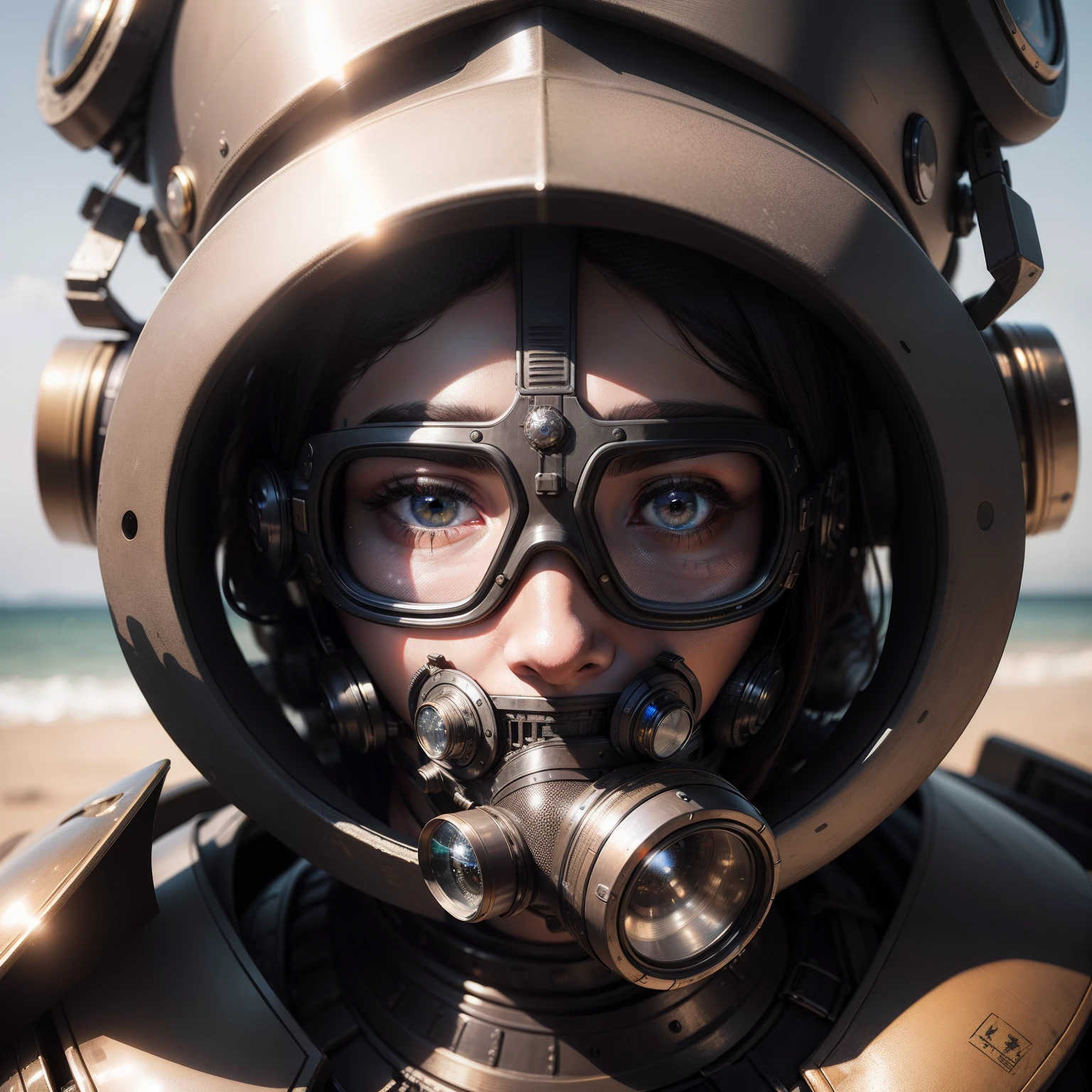 Best quality, masterpiece, (photorealistic:1.4), RAW photo, 8k portrait close-up of a futuristic helmet with mask, eye protection heavy glasses and filters for polluted air in nose and mouth. Made of plastic and metallic materials. Intricate and complex construction.