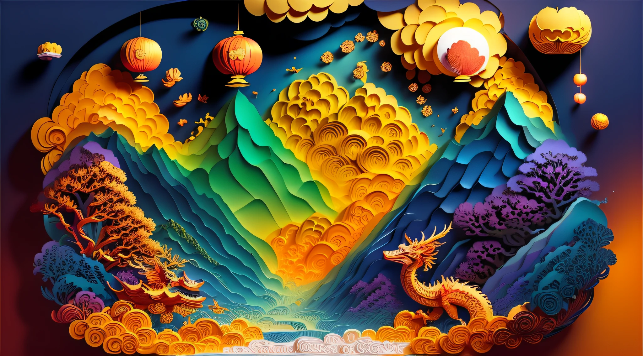 masterpiece，best qualitiy，High-quality paper cutting，chinese landscape, moon cake, goddess, chinesedragon，super detailing。