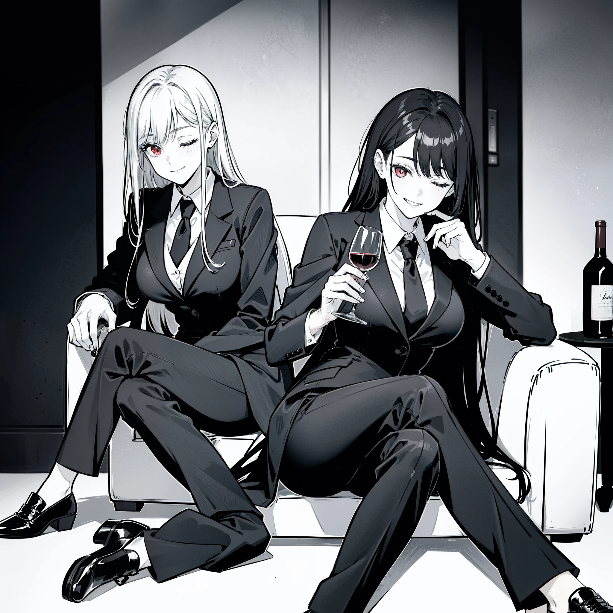 Woman in a black suit,black pants,blacj tie,black shoulder length messy hair,red eyes,sitting on a comfortable chair,oneeleg resting over the other,grinning,one eye closed,looking up,holding a glass of wine,shoes,mature,adult,medium breasts,in her 30s