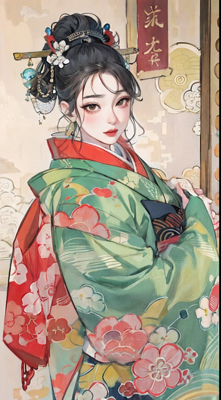 (tmasterpiece:1.2,best qualtiy),(Very detailed face,Real pictures,Realistic skin,photorealistic body,Complicated details),独奏,1 milf,rcasual,ukiyoe painting,cropped shoulders,(aquarelle:1.3),Oiran,