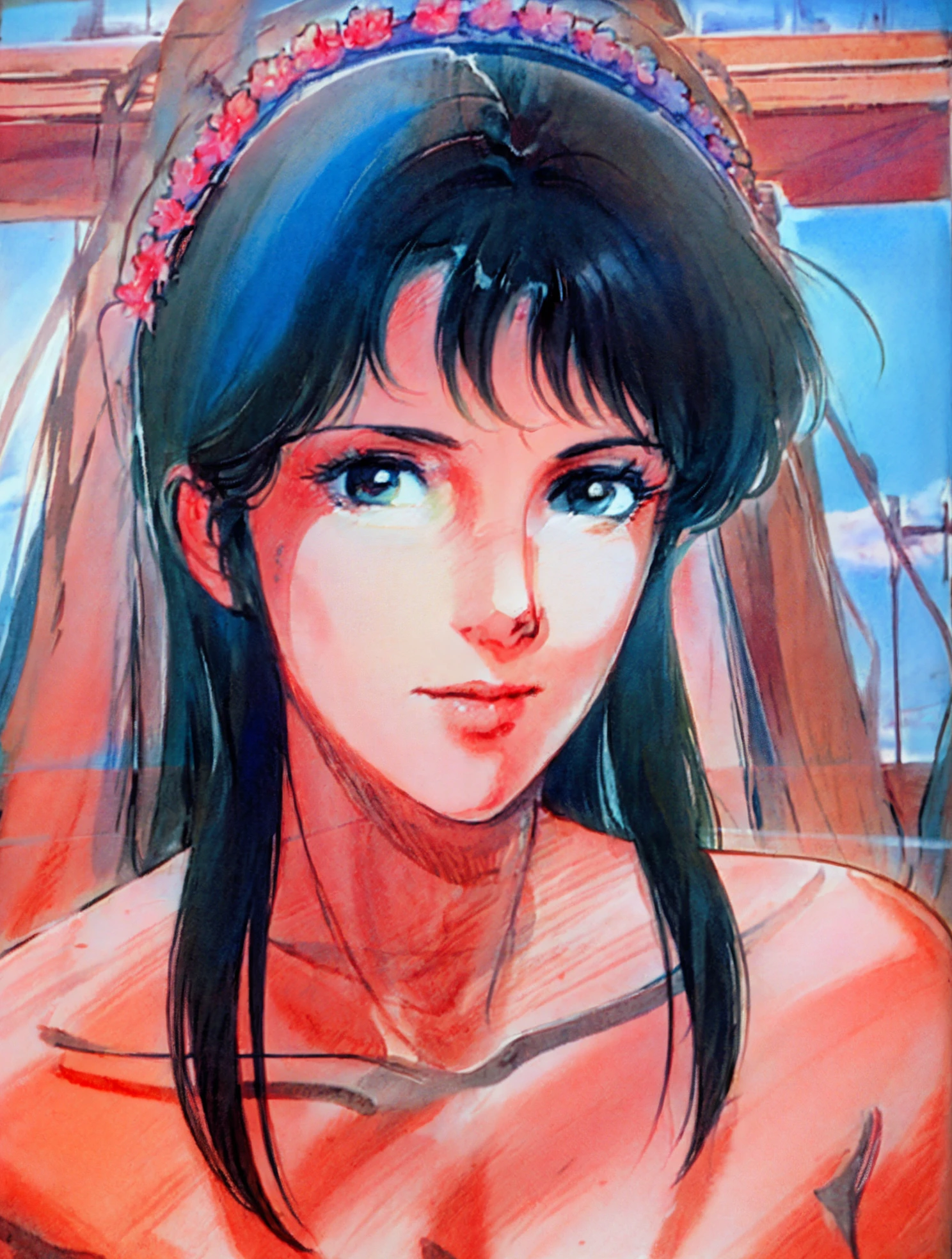 retro artstyle, detailed eyes, Perfect pupils, watercolor, beautiful, masterpiece, best quality, Perfect features, perfect lighting, 1girl, solo,cute, Mature, beautiful woman , smile, style of takada akemi, messy bangs, (full lips:0.8),cute ,Mature ,80ybeautiful woman , cherry tree, breeze, petals flying, (cowboy shot:1.3), side light, vanishing point , global illumination, perspective, wide pelvis, long black hair, bangs perm, (80's short hair perm:1:1),