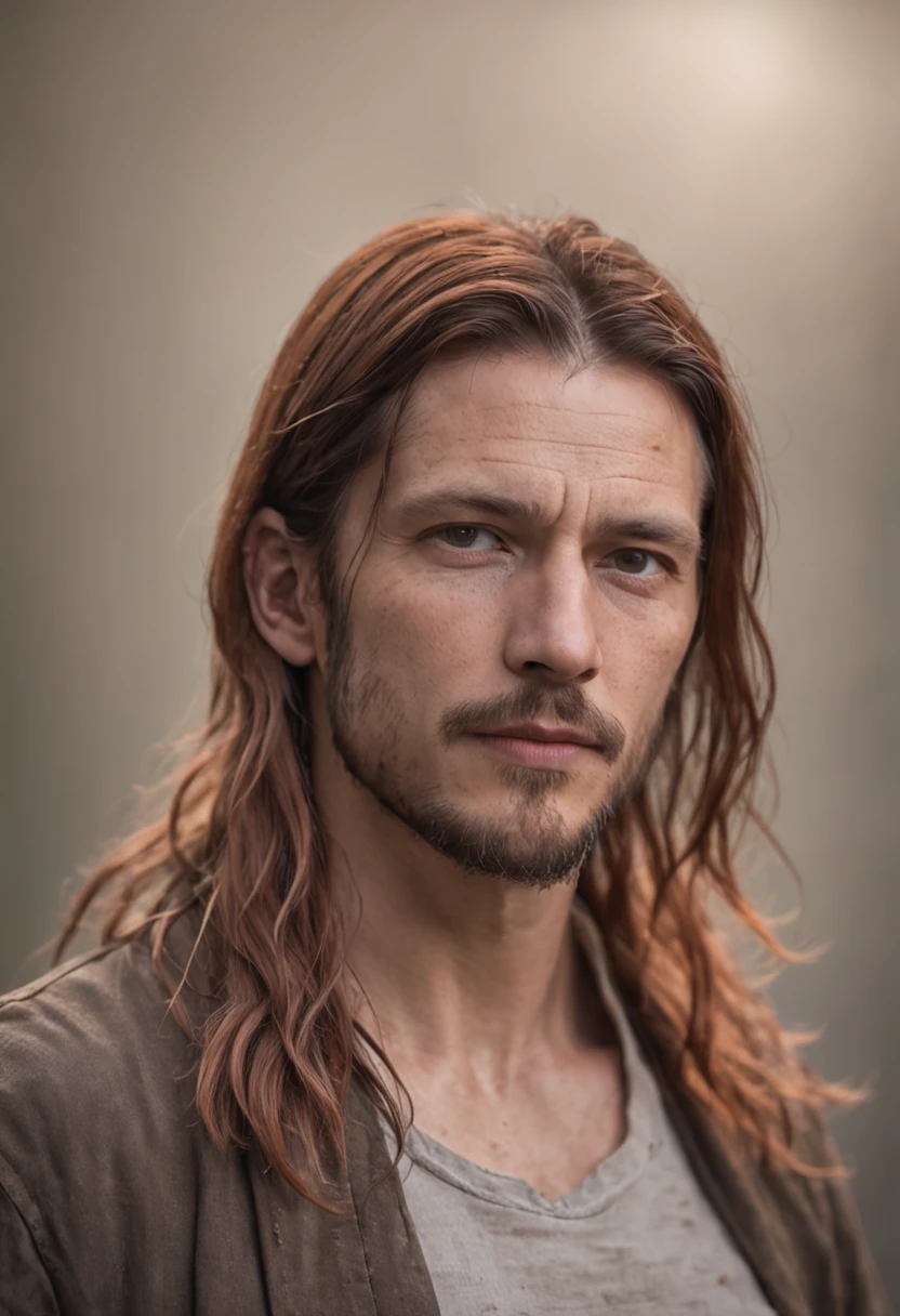a portrait photo of, James Hebert and Ben Robson mix headshot as a weathered 30-year-old man, ugliness, Hideous, lanyard, broad shoulder, well built, rugged, long copper rust-colored hair, Hair tied in a loose ponytail, Widow's peak,Whole body muscles ,Confident expression, intense stare, full bodyesbian,Beardless,