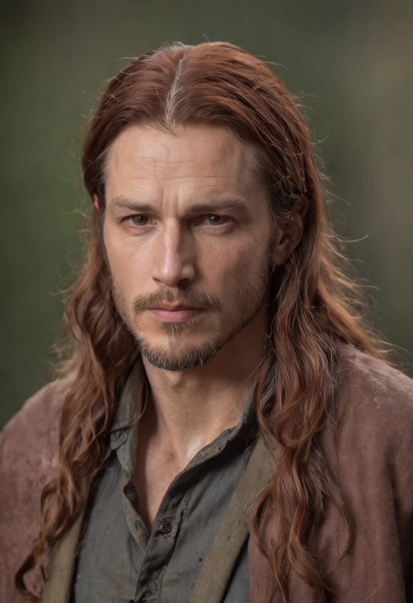 a portrait photo of, James Hebert and Ben Robson mix headshot as a weathered 30-year-old man, ugliness, Hideous, lanyard, broad shoulder, well built, rugged, long copper rust-colored hair, Hair tied in a loose ponytail, Widow's peak,Whole body muscles ，Confident expression, intense stare, full bodyesbian，Beardless，