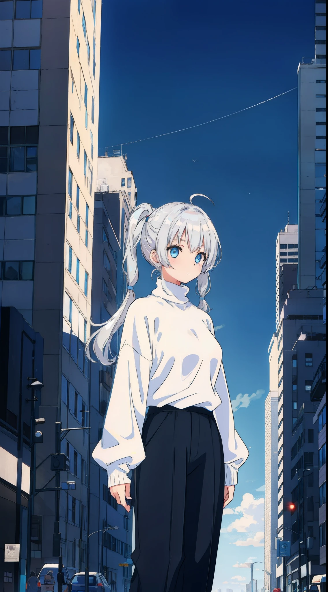 Girl, Silver White Hair, Two high ponutails Energetic, Light Blue Oversized turtleneck Sweater, Black Pants, City Background