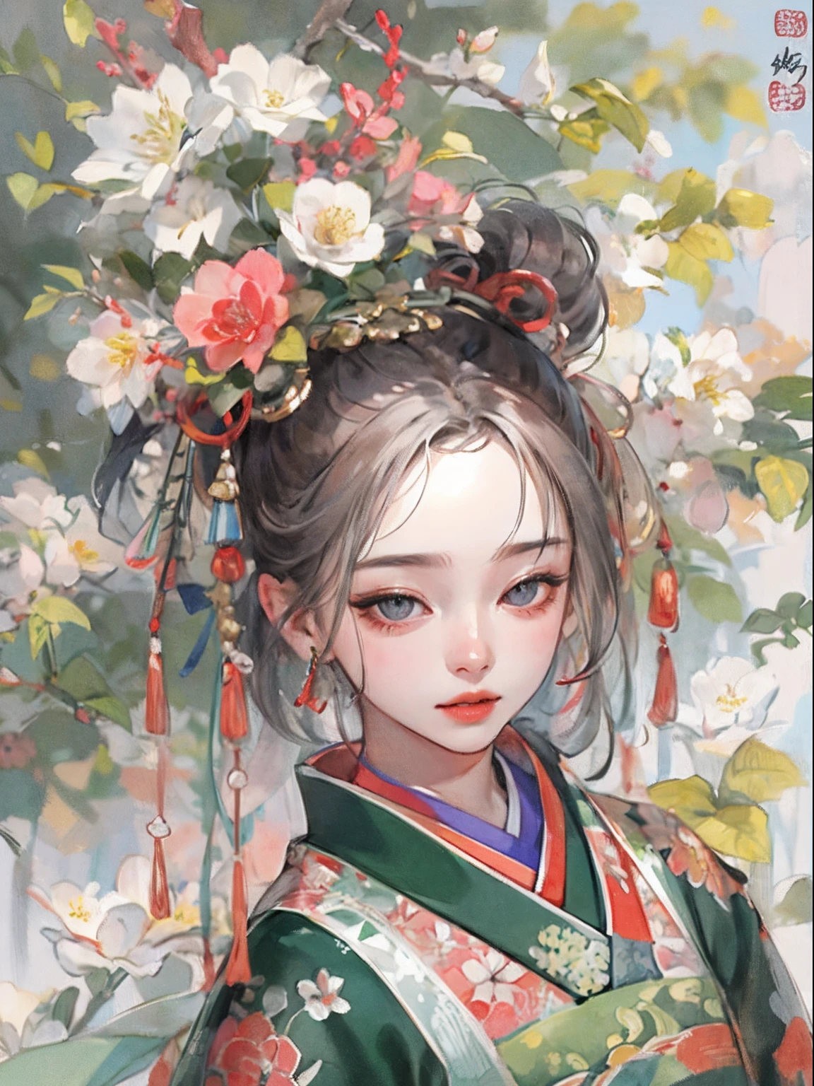（tmasterpiece：1.2，best qualtiy），（Very detailed face，Real pictures，Realistic skin，photorealistic body，Complicated details），独奏，1girll，Traditional Chinese clothing，Tang dynasty Hanfu，（aquarelle：1.3），Oiran，