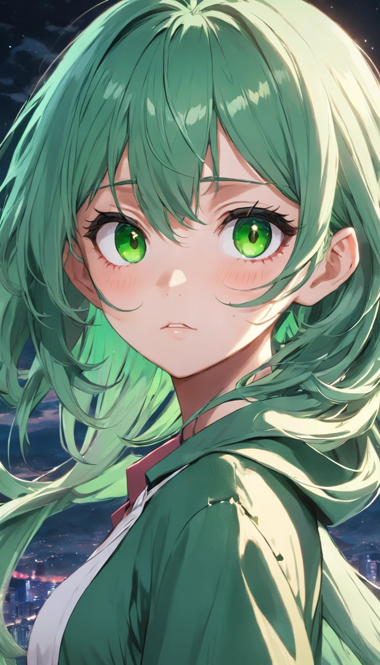 green hair, hair between eyes, mole under eye, heterochromia, crystal earrings, fashionable girl, anime style, first-person view, cowboy shot, highres, UHD