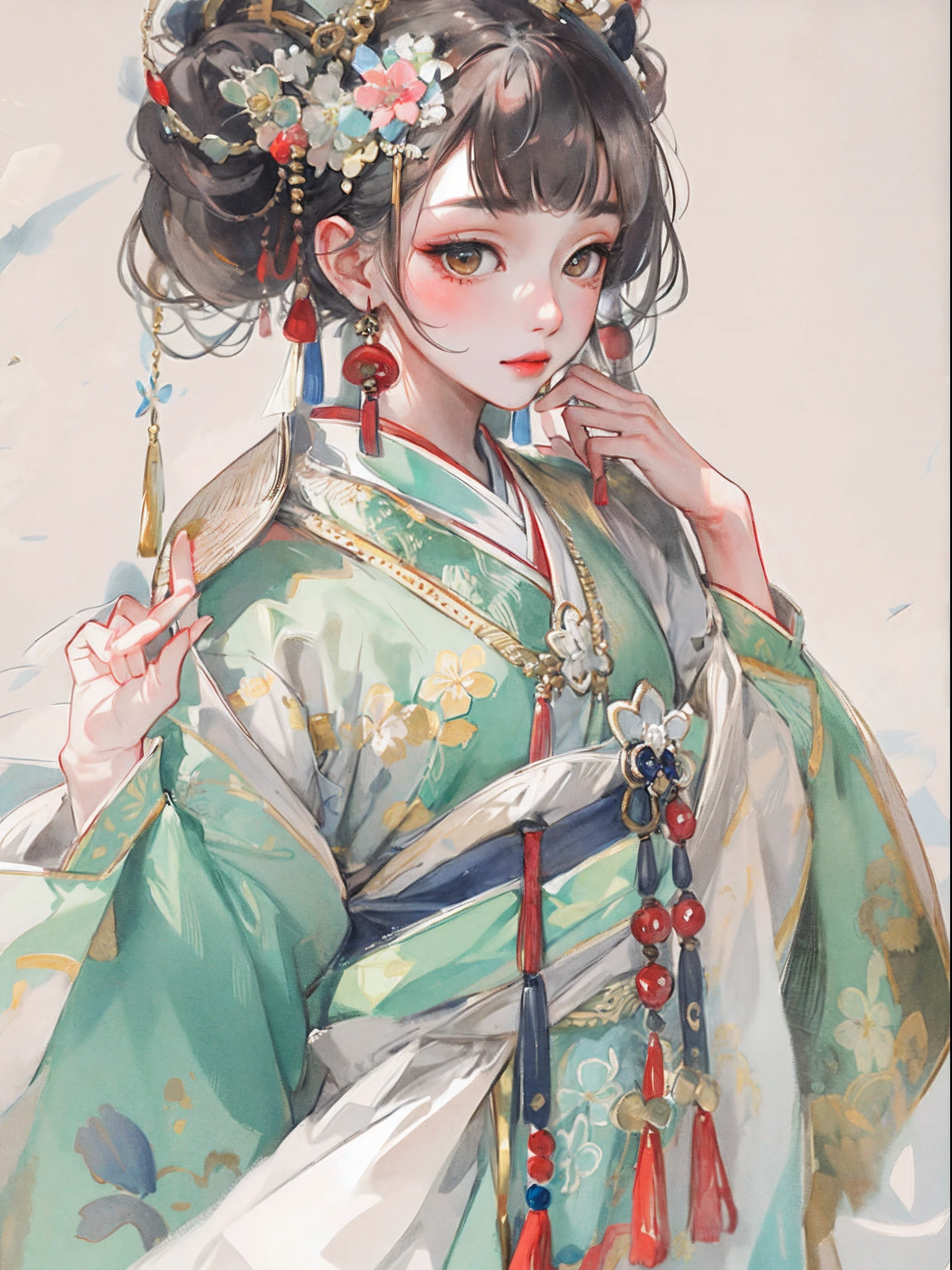 (tmasterpiece:1.2,best qualtiy),(Very detailed face,Real pictures,Realistic skin,photorealistic body,Complicated details),独奏,1girll,Traditional Chinese clothing,Tang dynasty Hanfu,(aquarelle:1.3),Oiran,