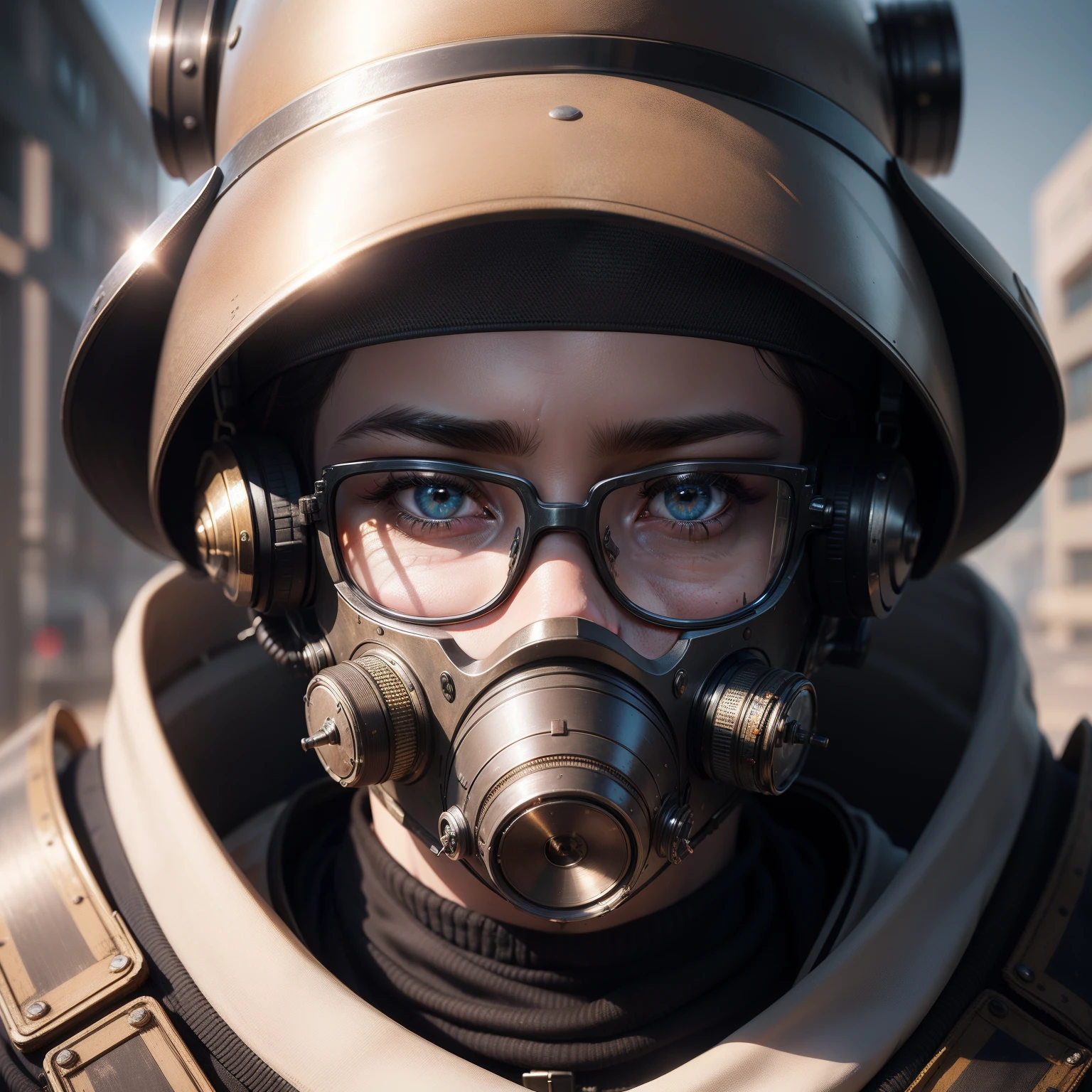 Best quality, masterpiece, (photorealistic:1.4), RAW photo, 8k portrait close-up of a futuristic helmet with mask, eye protection heavy industrial glasses and filters for polluted air in nose and mouth. Made of plastic and metallic materials. Intricate and complex construction.