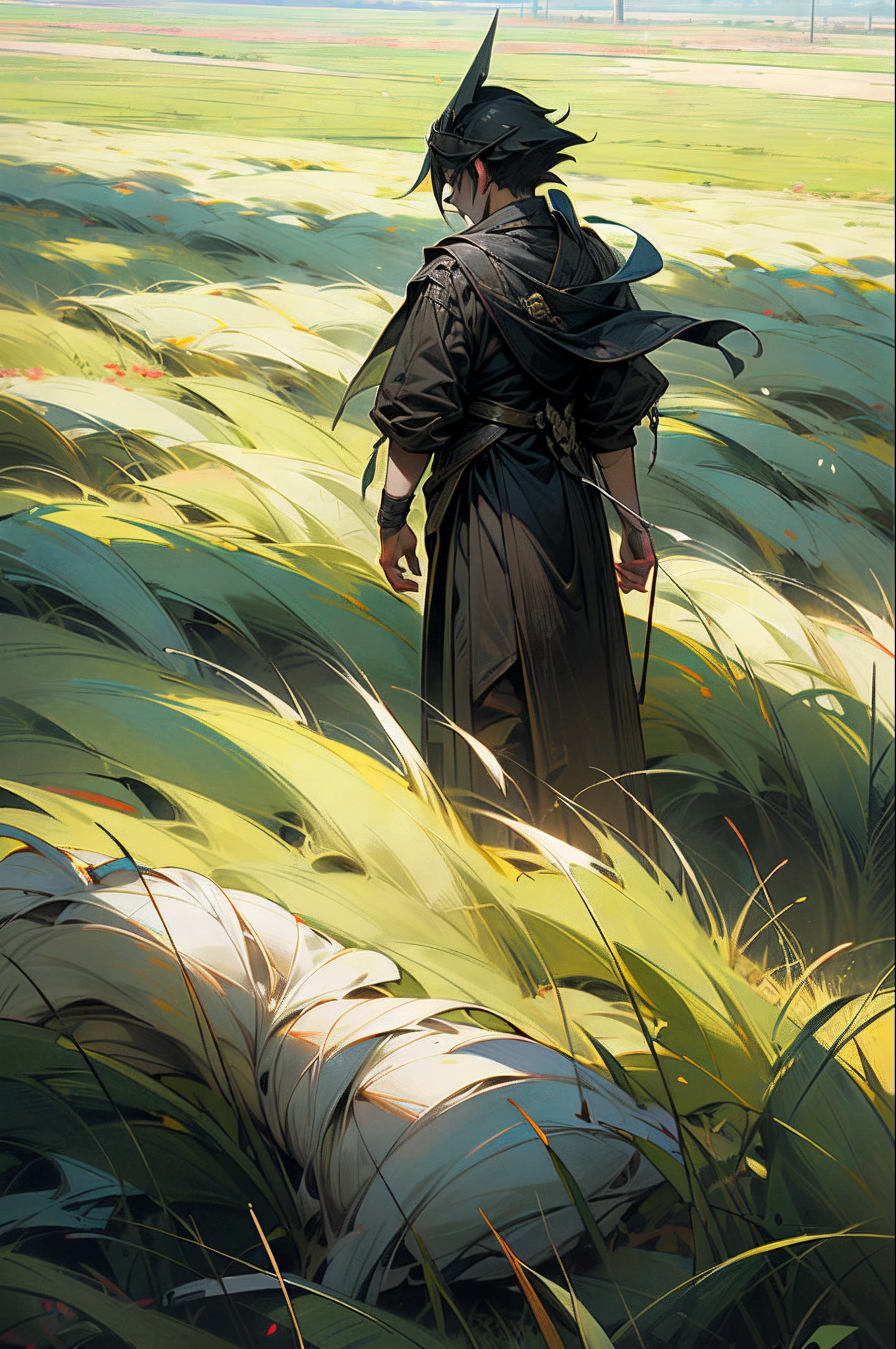 grass field,a person,Back Shadow,and the sun was shining brightly