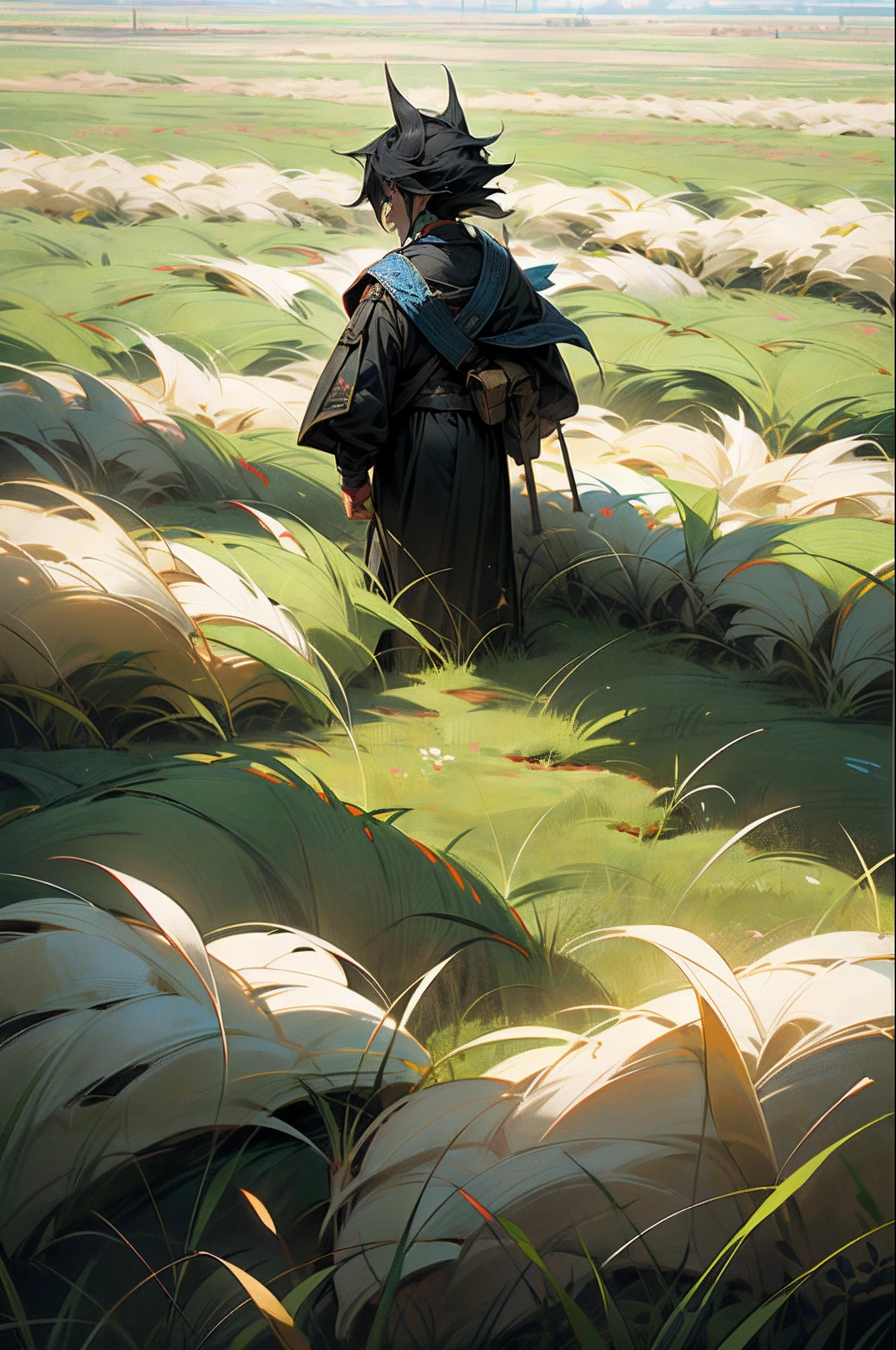 grass field,a person,Back Shadow,and the sun was shining brightly