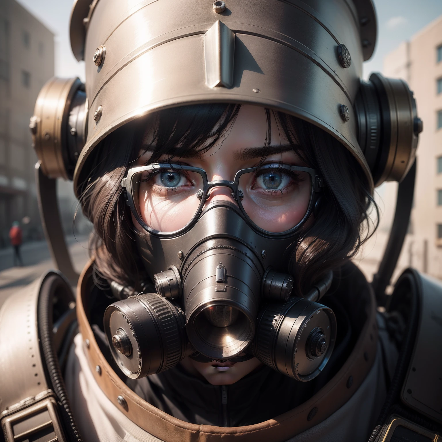 Best quality, masterpiece, (photorealistic:1.4), RAW photo, 8k portrait close-up of a futuristic helmet with mask, eye protection heavy industrial glasses and filters for polluted air in nose and mouth. Made of plastic and metallic materials. Intricate and complex construction.
