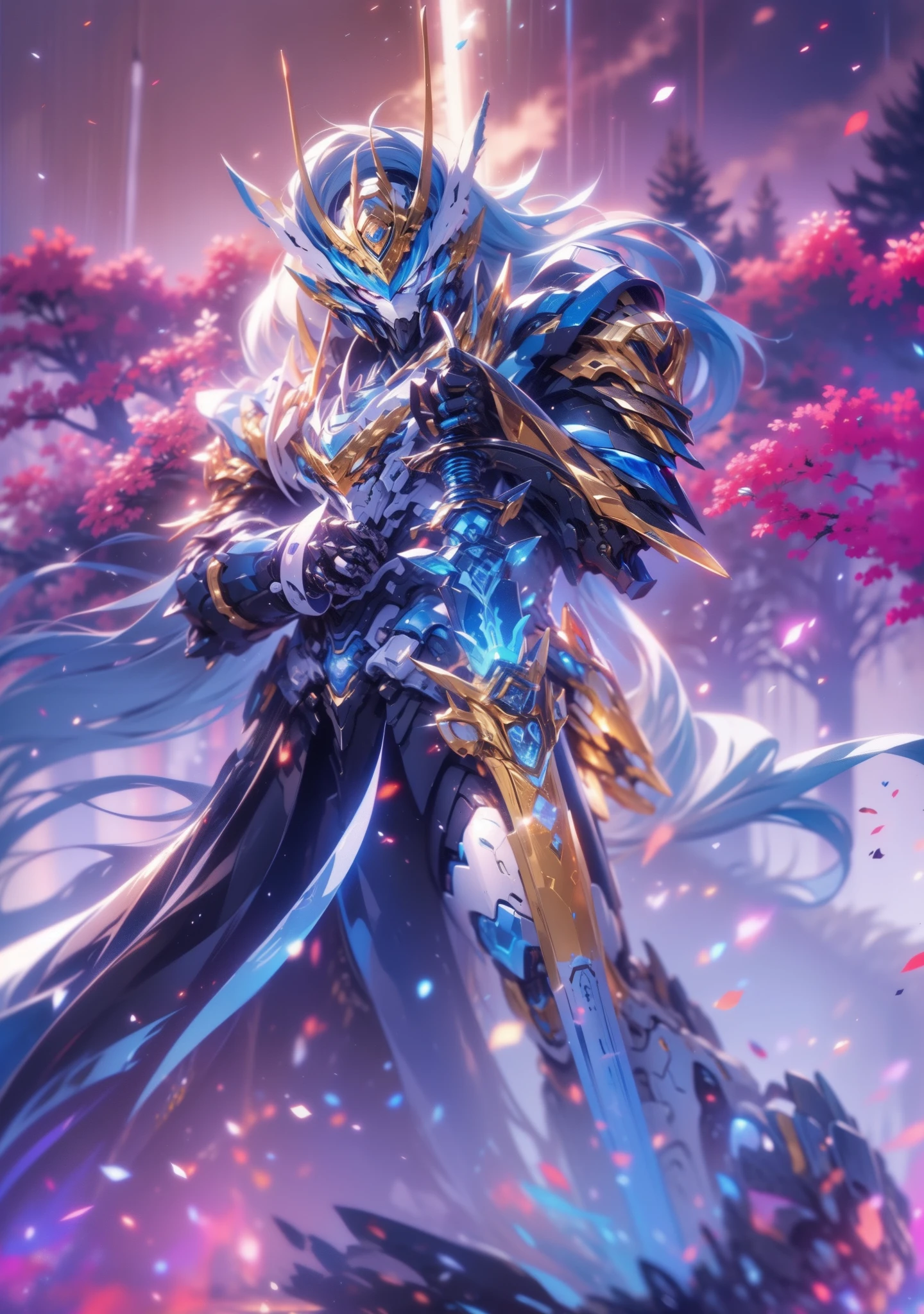 super wide shot, Close-up of the frontal photo itself,Mecha female warrior close-up，Future warrior style《Mech color: The main color is blue，white colors，Decorated from blue to purple》，（《Refer to the Chinese Qin Emperor Sword》，Holding the Qin Huang sword in his hand，The sword itself glows blue），Keqing from Genshin Impact, (Masterpiece) ， The best quality， High quality，电影灯光， （Exquisite future）， Beautiful and beautiful， Ultra detailed， great composition， Floating， Depth of field， （Very detailed CG，Unity 8k壁纸）， （Beautiful detail background）， dramatic lights， GOGETTA， Mecha，best qualtiy，Ultra-high 8K Ultra HD，digital SLR camera，high qulity，Film particle resolution，detailed face with，opulent，milkyW，Highly detailed skin，Realistic details of skin，Visible Pore，tack sharp focus，volume fog，8K  UHD，digital SLR camera，high qulity，filmgrain，White skin of the