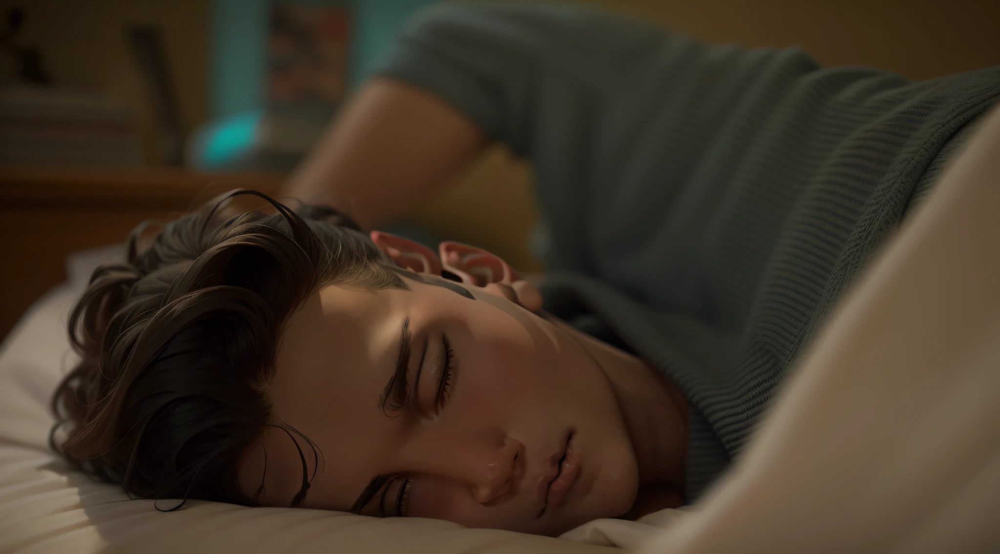 Male college student lying on his side in bed, eyes open and thinking