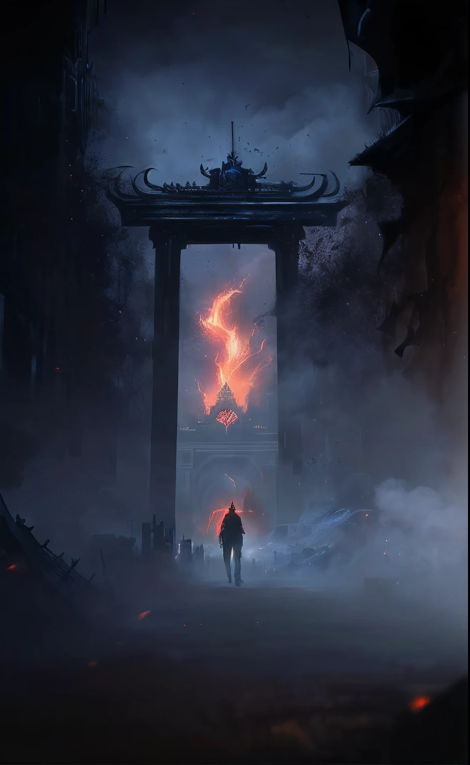 A man walks through the gate,flaming background,The Lost Gate of the Domain of Fire,dramatically art,dark cinematic concept art,Epic digital art,epic cinematic concept art,digital painting concept art
