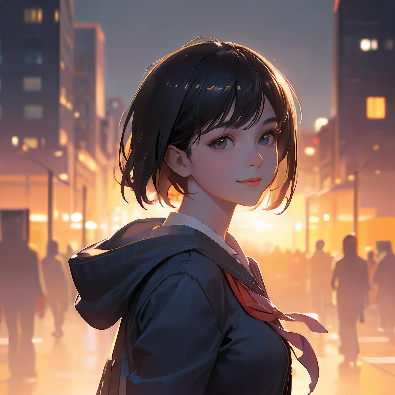 (8k RAW photo,best quality, masterpiece:1.2), (realistic,photo-realistic:1.37), omertosa, 1girl, city, professional lighting, photo mapping,radiosity, physically-based rendering, blue backlight bokeh, smile, mature, head portrait, sunlight, blone, short jacket, school uniform, hoodie, short hair, floating hair,