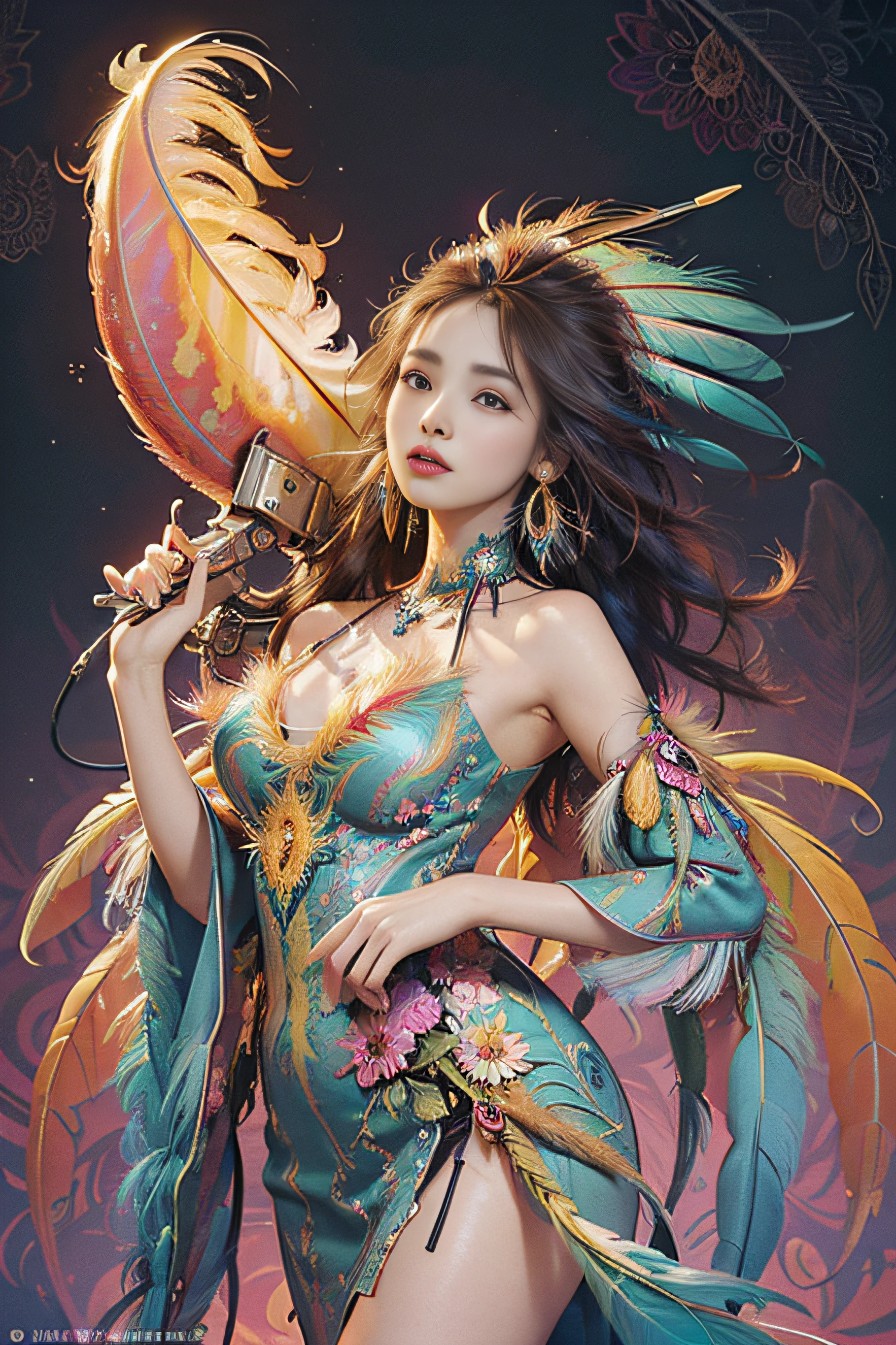 (masterpiece, top quality, best quality, official art, Beautiful and beautiful:1.2), (1 Girl:1.3), Extremely detailed,(Fractal Art:1.1),(rich and colorful:1.1)(Flowers:1.3),The most detailed,(Zentangle:1.2), (Dynamic poses), (Abstract Background:1.3), (Glowing skin), (Many colors:1.4), ,(earrings), (feather:1.5) , (flamethrower:1.3),Red background,Phoenix dress,