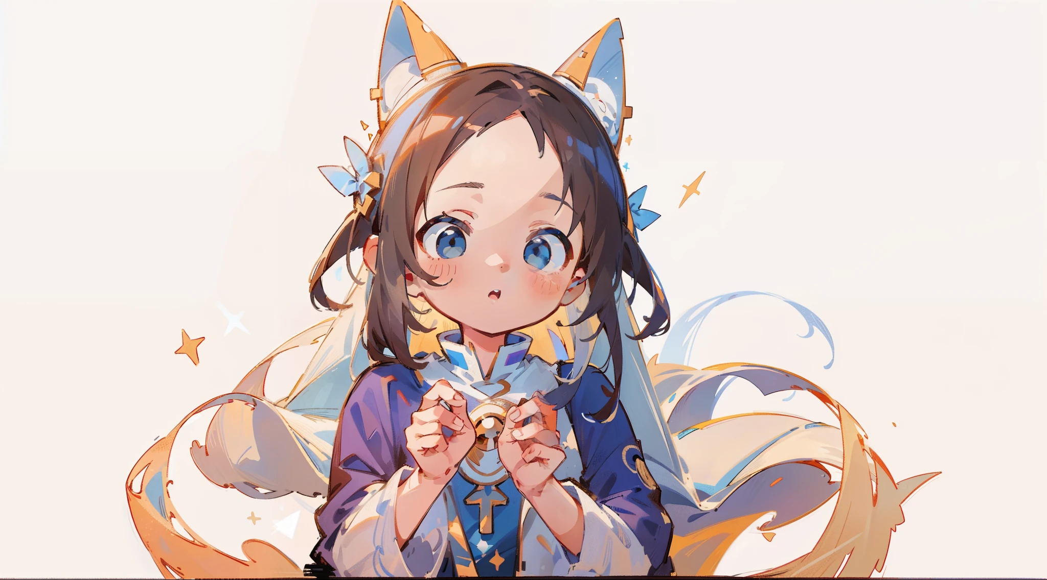highly details, Hyper-detailing,8K, Super high resolution Two cute and naïve kids playing in space,Children,Children,(6 boy:long white hair,Blue eyes,White priest dress),Bask in starlight,galactic,deep blue background