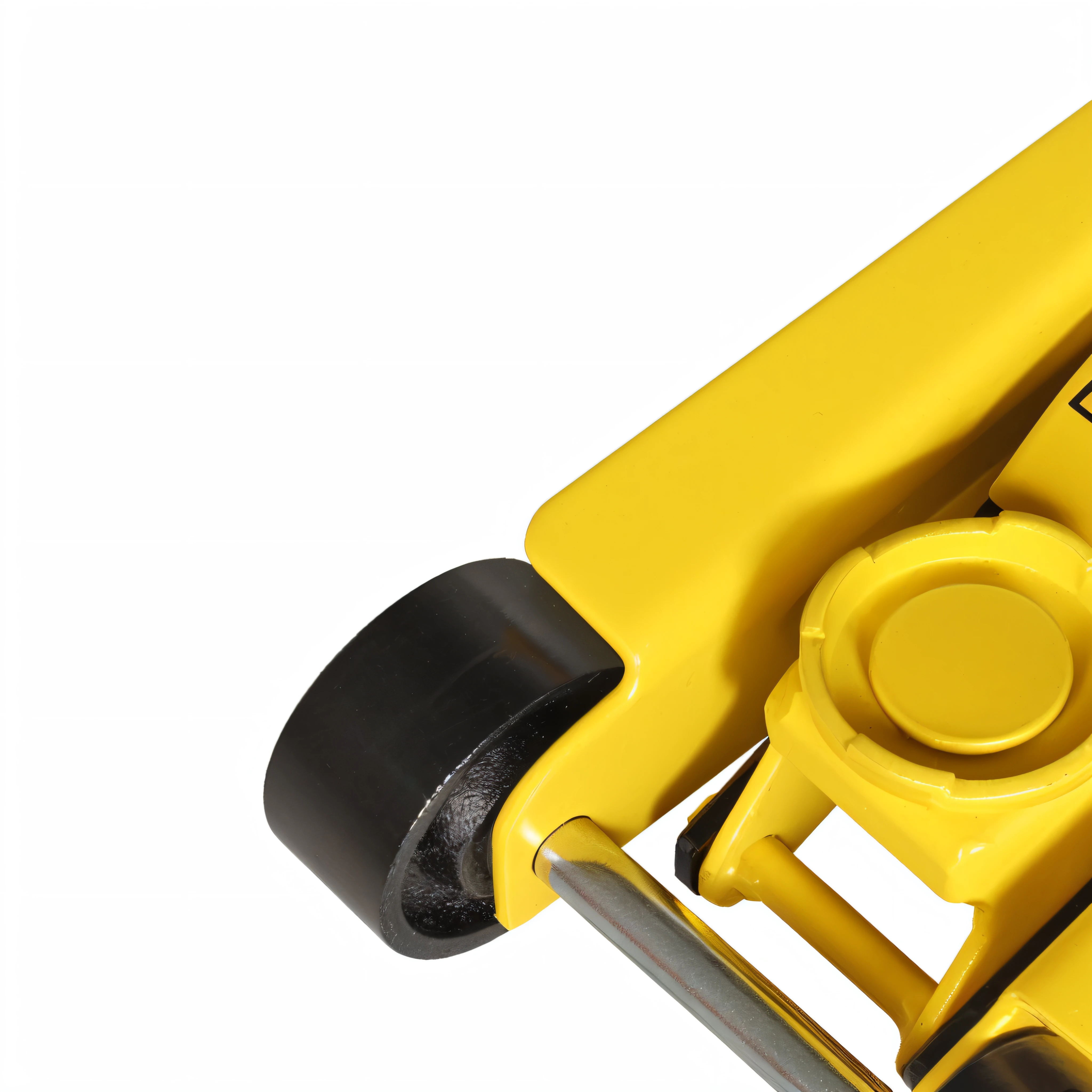 There is a yellow toy truck,Black wheels and yellow handles, detailed zoom photo, close-up product photo, highly detailed product photo, high detail product photo, high-resolution details, detailed product photo, isolated on a white background, high angle close up shot, high quality product photo, commercial photograph, maxar, eye - level view, glossy yellow, tool