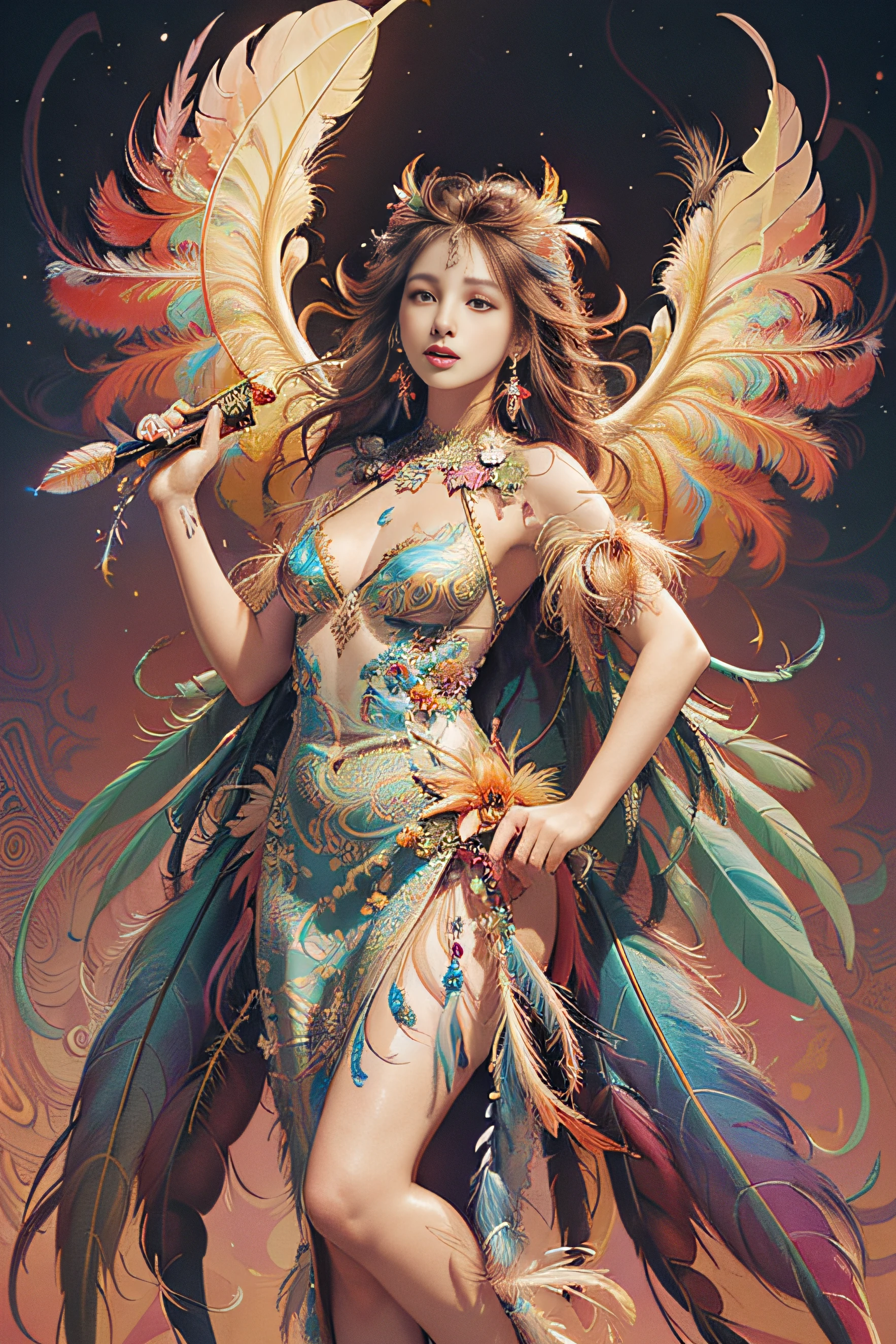 (masterpiece, top quality, best quality, official art, beautiful and aesthetic:1.2), (1girl:1.3), extremely detailed,(fractal art:1.1),(colorful:1.1)(flowers:1.3),highest detailed,(zentangle:1.2), (dynamic pose), (abstract background:1.3), (shiny skin), (many colors:1.4), ,(earrings), (feathers:1.5) , (Flamethrower:1.3),red background,Phoenix dress,