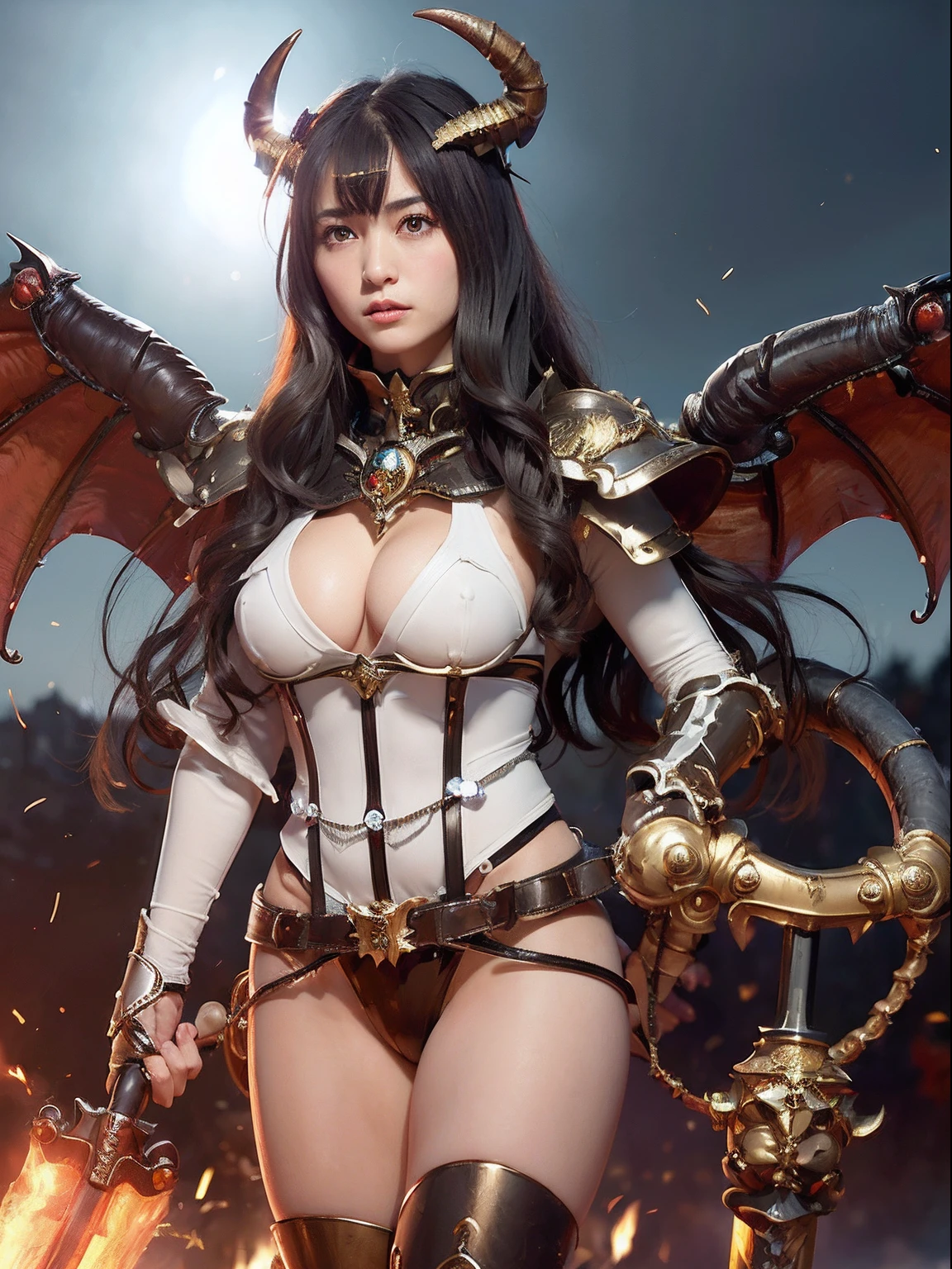 Professional , masterpiece、top-quality、photos realistic , depth of fields 、(A dark-haired) 、(Gemstone White Metal Body:1.4),(Matte Black、Jewel Gold Weapon、(maikurobikini),Gorgeous metal weapons ,Particles of light、(Fight dragons)、(Black wings)、(( Detailed and gorgeous sword of the brave)) ,Light Effects、intense fighting、Wind-effect、magic circles、 (A dark-haired) ,Fight soldiers in skeleton armor ,Detail and ornate jewel crown、With the legendary magic wand、Dragon's tail、explosions、((maikurobikini))、((Gangle's forest background))、Beautiful Caucasian beauty、1a person、dynamic ungle,(((Details of the two demon horns on the head)))、Smaller head、A smile、Background inside the castle、Thin and beautiful female hands、cleavage of the breast、Soldier in iron armor on background、Mystical expression、Light Effects、Wind-effect、With the legendary magic wand、(wingspan)、Toostock、Anatomically correct body、