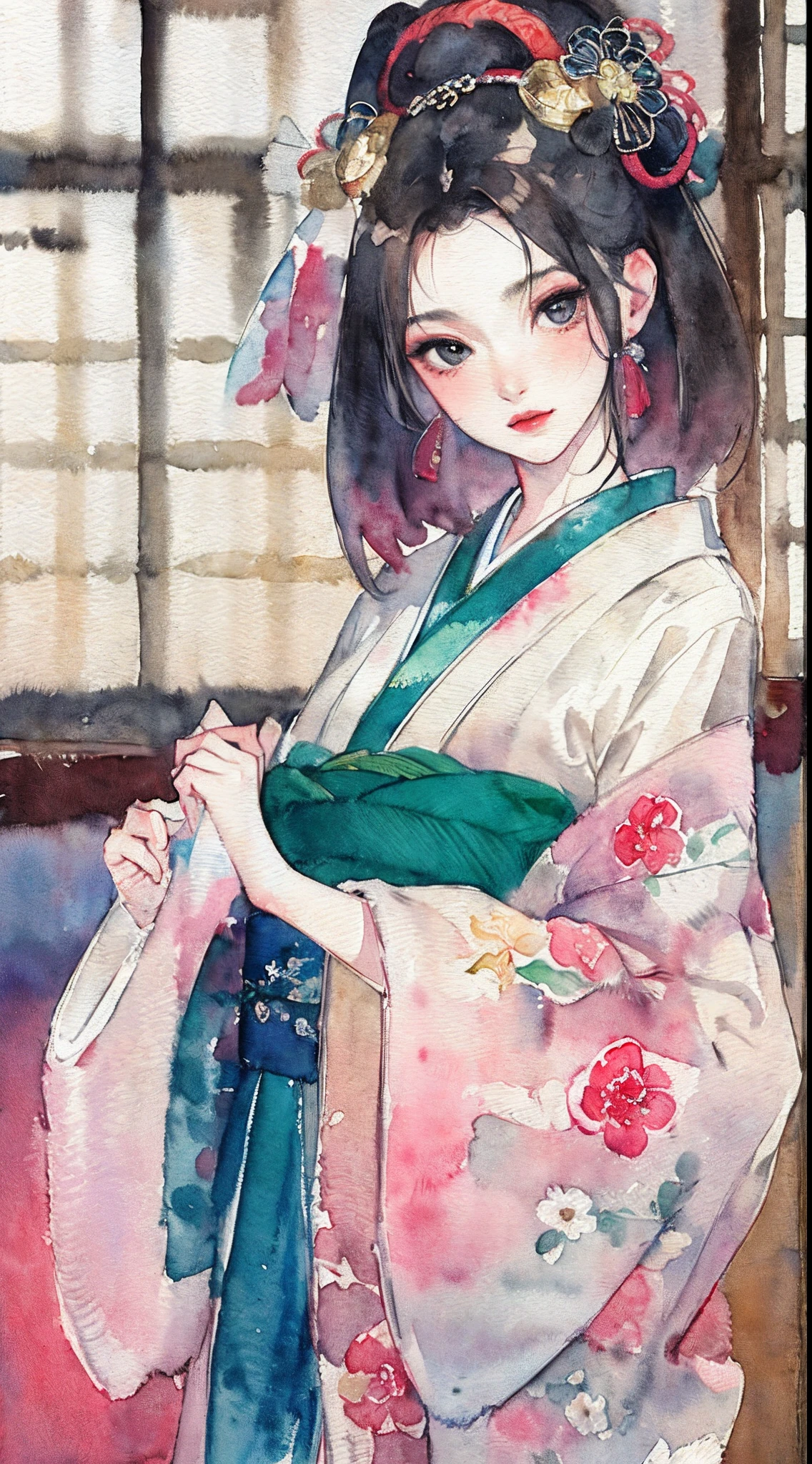 (masterpiece:1.2, best quality), (very detailed face, real picture, realistic skin, realistic body, intricate details), solo, 1milf, casual,ukiyo-e, (Watercolor:1.3), Oiran,