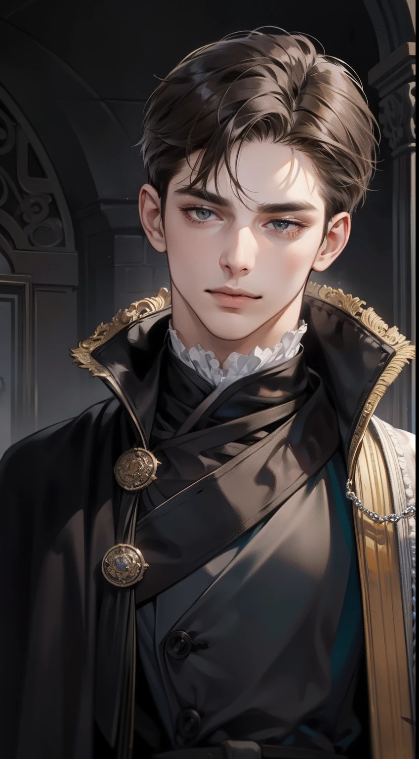 masterpiece, best quality, realistic, 1man, mature male, quiet and charming young man, 25 year old, a smirk, closed mouth, portrait, extremely detailed face, cold and smirk, ((dark grey eyes)), ((short-right-swept dark brown hair)), [thick eyebrows], dark palace, ((long black and cape)), (evil Wizard), ((all black)), (dark grey eyes), look at audience.