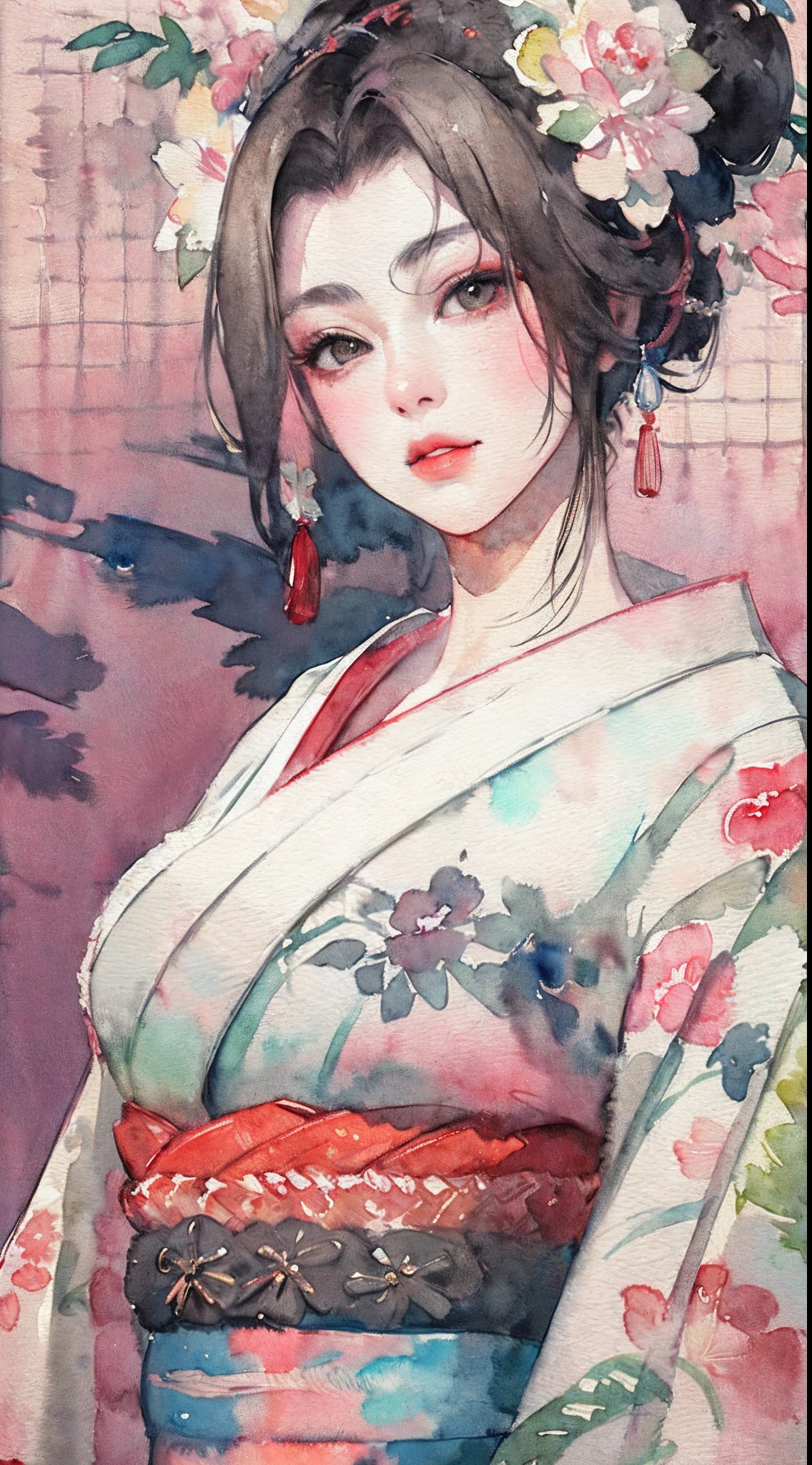 (masterpiece:1.2, best quality), (very detailed face, real picture, realistic skin, realistic body, intricate details), solo, 1milf, casual,ukiyo-e, (Watercolor:1.3), Oiran,