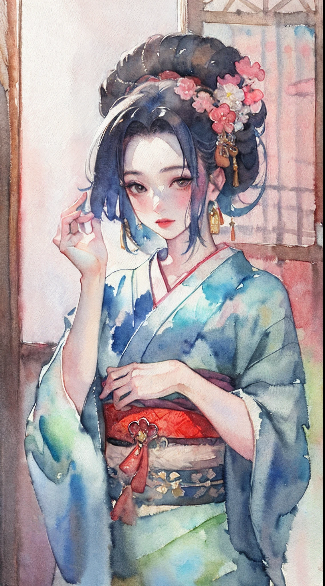 (masterpiece:1.2, best quality), (very detailed face, real picture, realistic skin, realistic body, intricate details), solo, 1milf, casual,ukiyo-e, (Watercolor:1.3), Oiran,