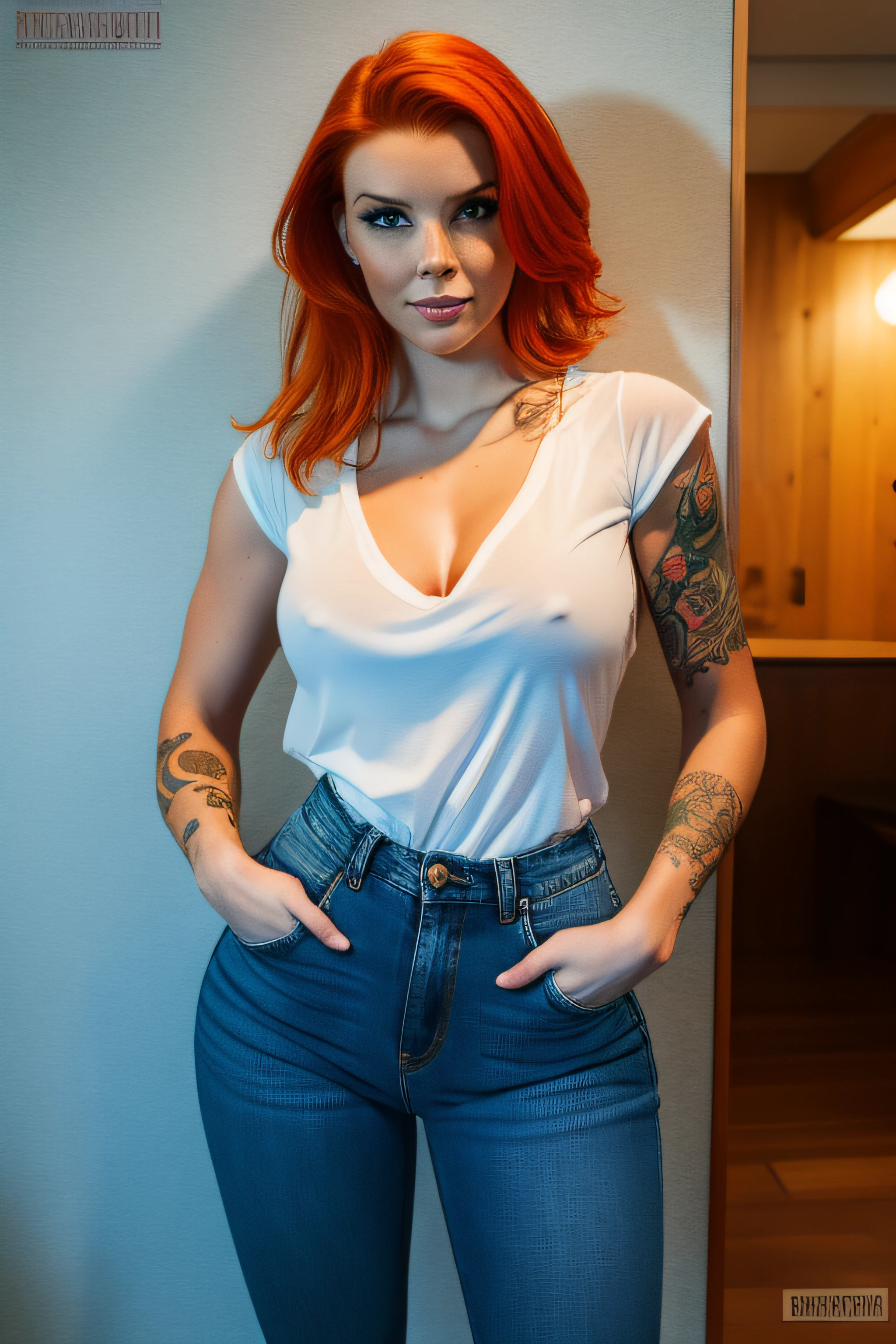 beautiful 25 year old australian woman, ginger hair, she wears a casual white shirt and pulls it down, huge beautiful breasts, huge tits, huge boobs, she wears super tight jeans, her arms are covered in tattoos full off colours, she stands seductively and looks at camera, she is fit, strong and has slim waist