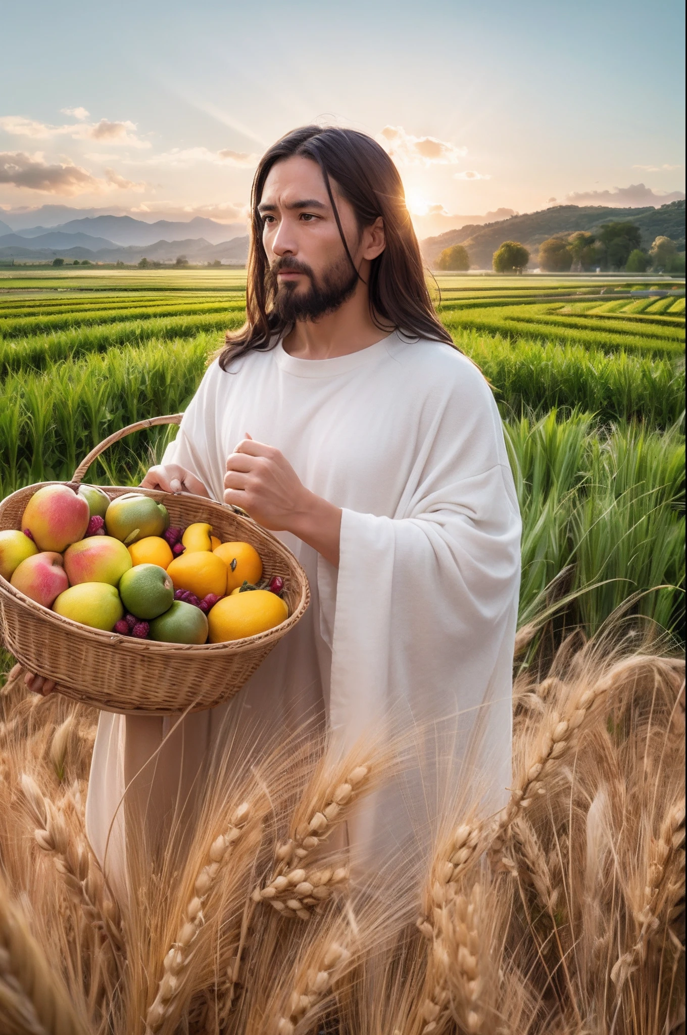 uring the harvest season, Jesus stood in the autumn rice fields, holding various fruits, vegetables and barley --auto --s2