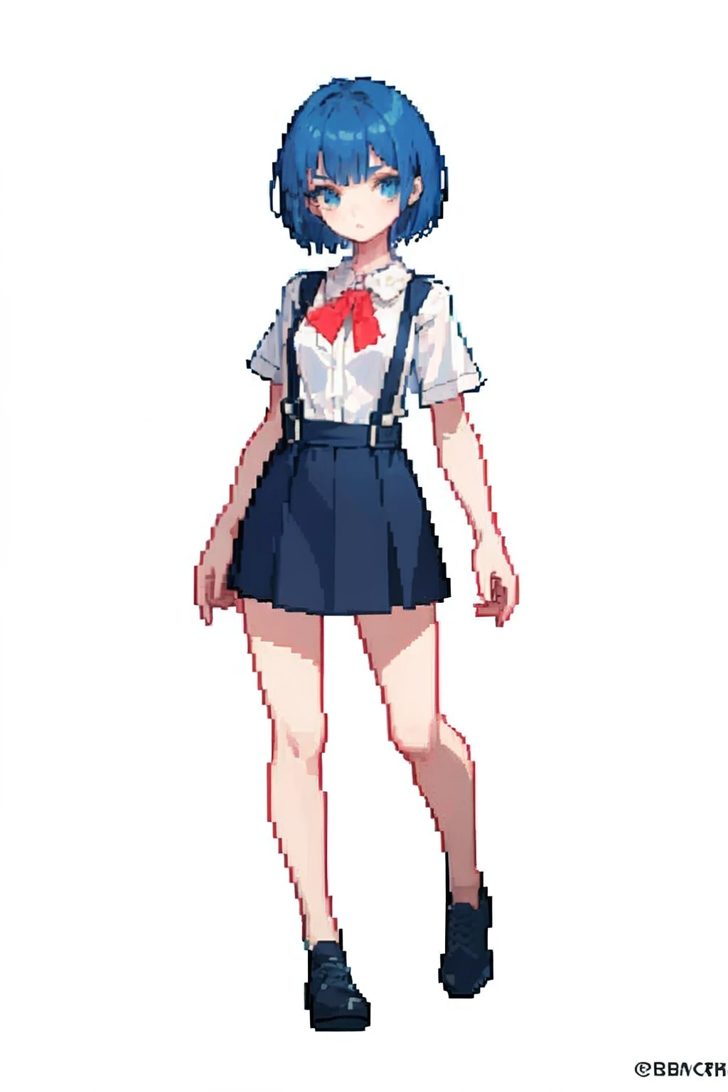 (Masterpiece, Top Quality, Best Quality), Pixel, Pixel Art, 1girl, Full Body, Suspenders, Short Skirt, Bluehaired Girl, Pretty