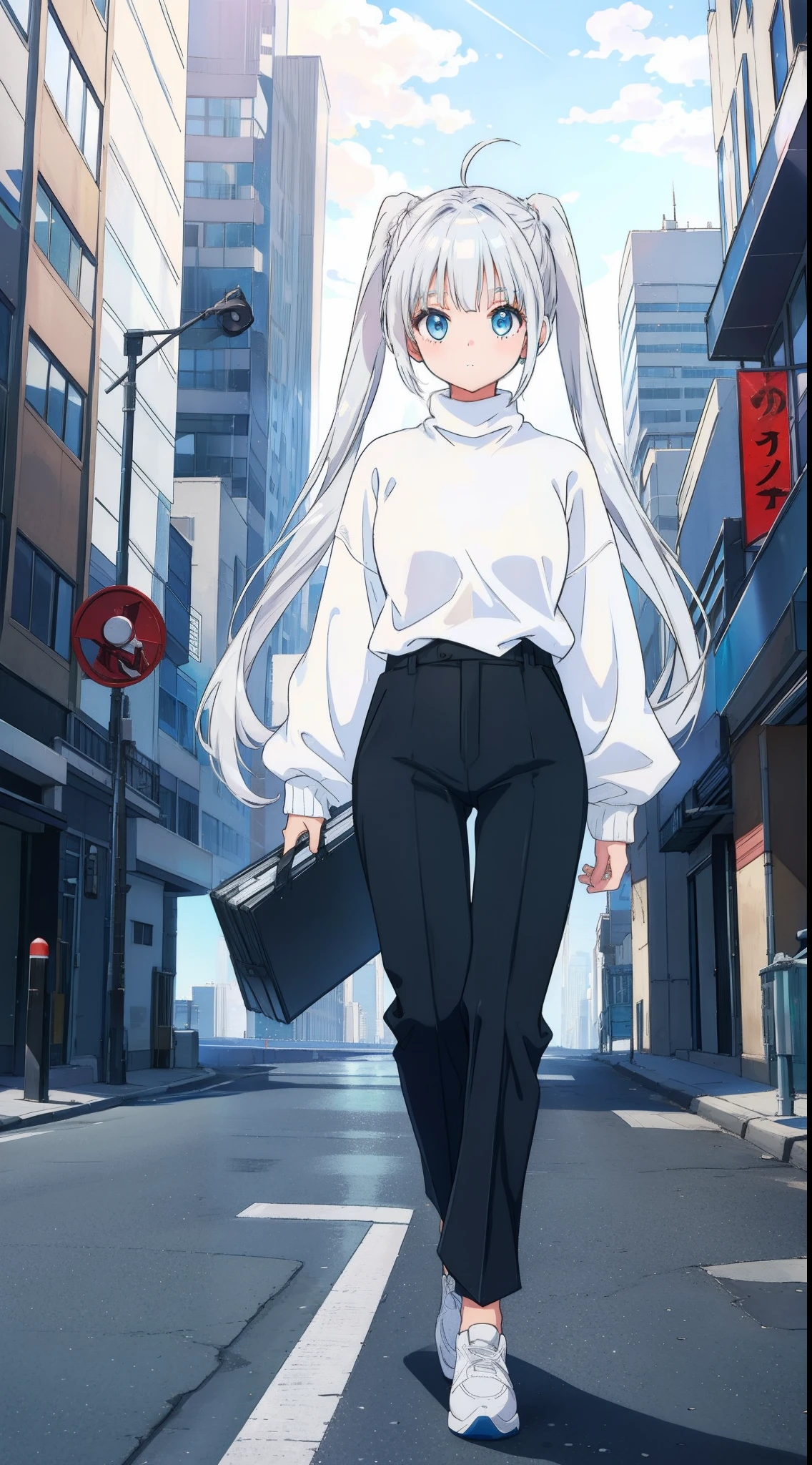 Girl, Silver White Hair, Two high ponutails Energetic, Light Blue Oversized turtleneck Sweater, Black Pants, City Background, happy