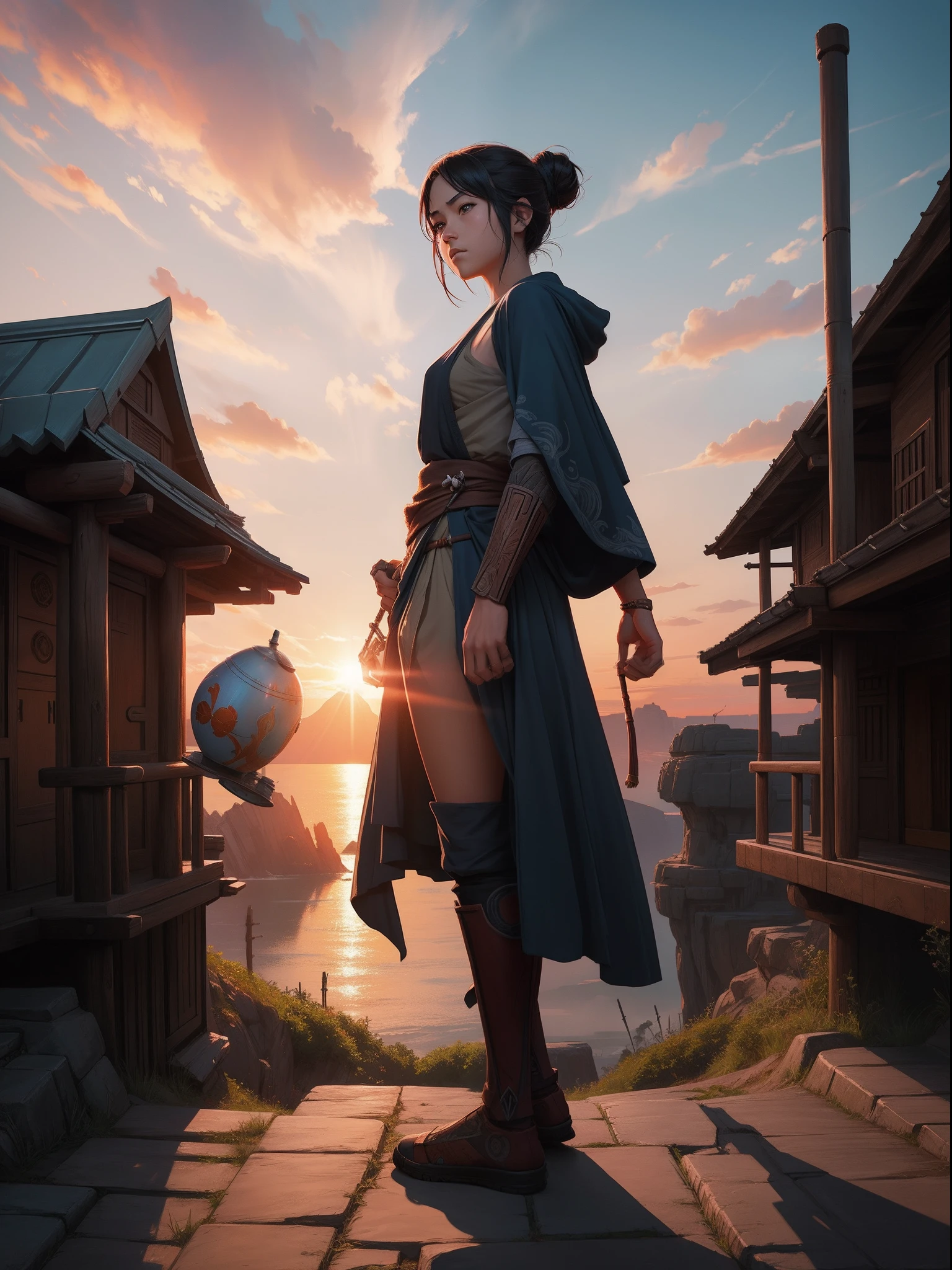 "A jedi knight in the style of Ghibli, with intricately detailed artwork and concept art, inspired by WLOP's signature style, set against a vibrant sunset."